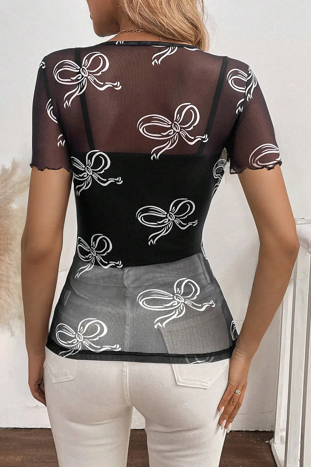 Black Bow Printed Mesh Short Sleeve Top