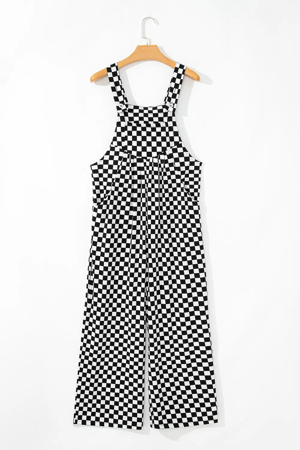 Black Checkered Print Pocketed Wide Leg Overalls