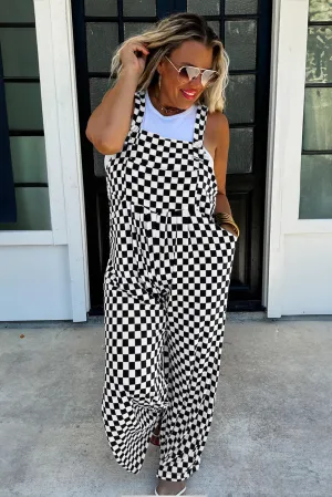 Black Checkered Print Pocketed Wide Leg Overalls