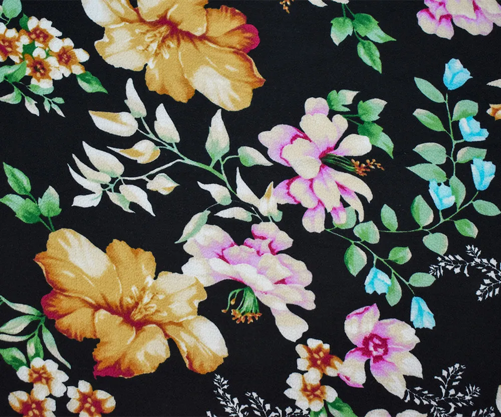 Black-Pink-Multi Poly Floral Printed Pebble Crepe Woven Fabric