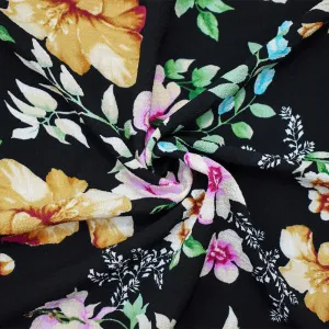 Black-Pink-Multi Poly Floral Printed Pebble Crepe Woven Fabric