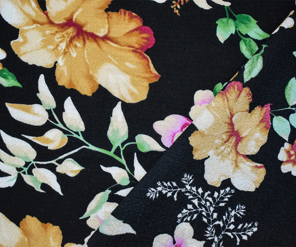 Black-Pink-Multi Poly Floral Printed Pebble Crepe Woven Fabric