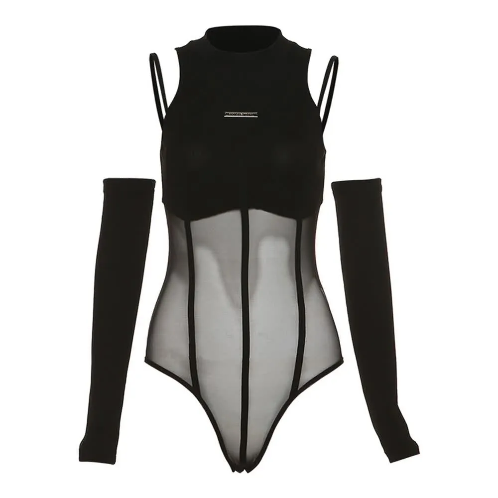 Black Sheer Mesh Bodysuit With Arm Sleeves