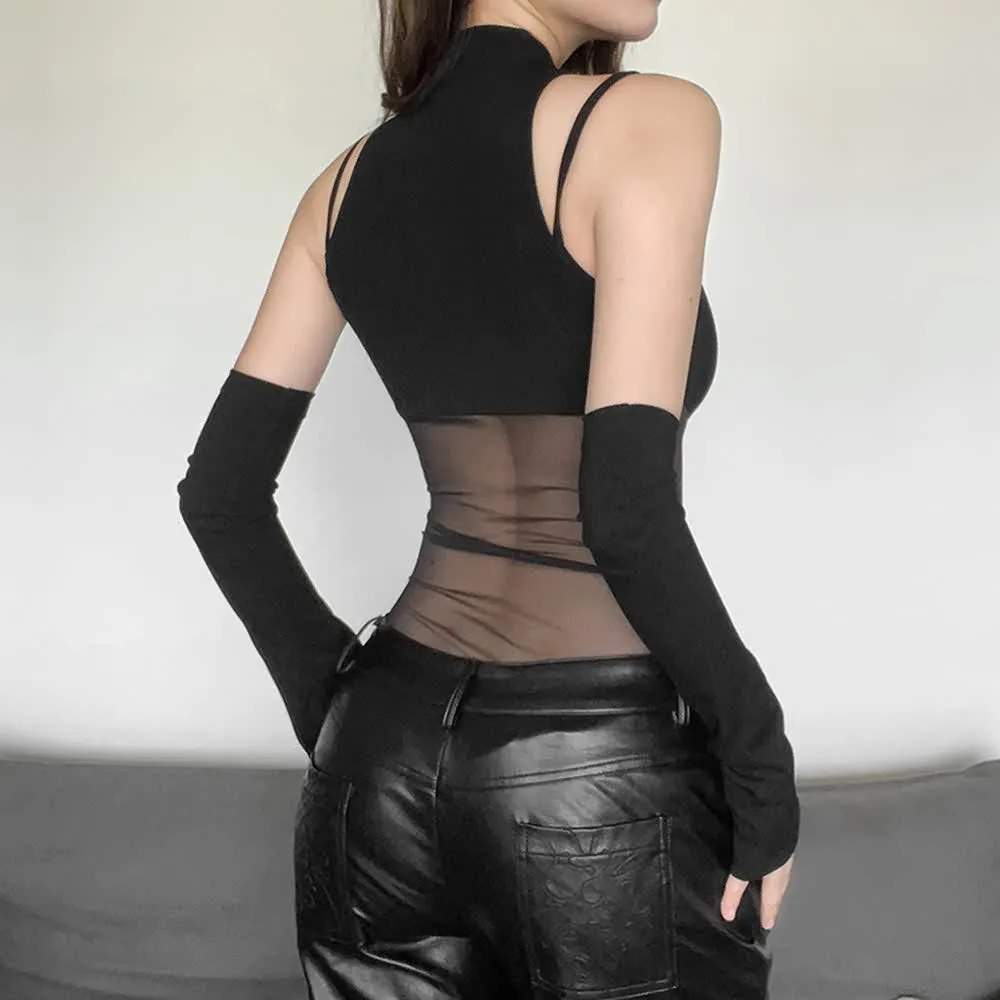 Black Sheer Mesh Bodysuit With Arm Sleeves