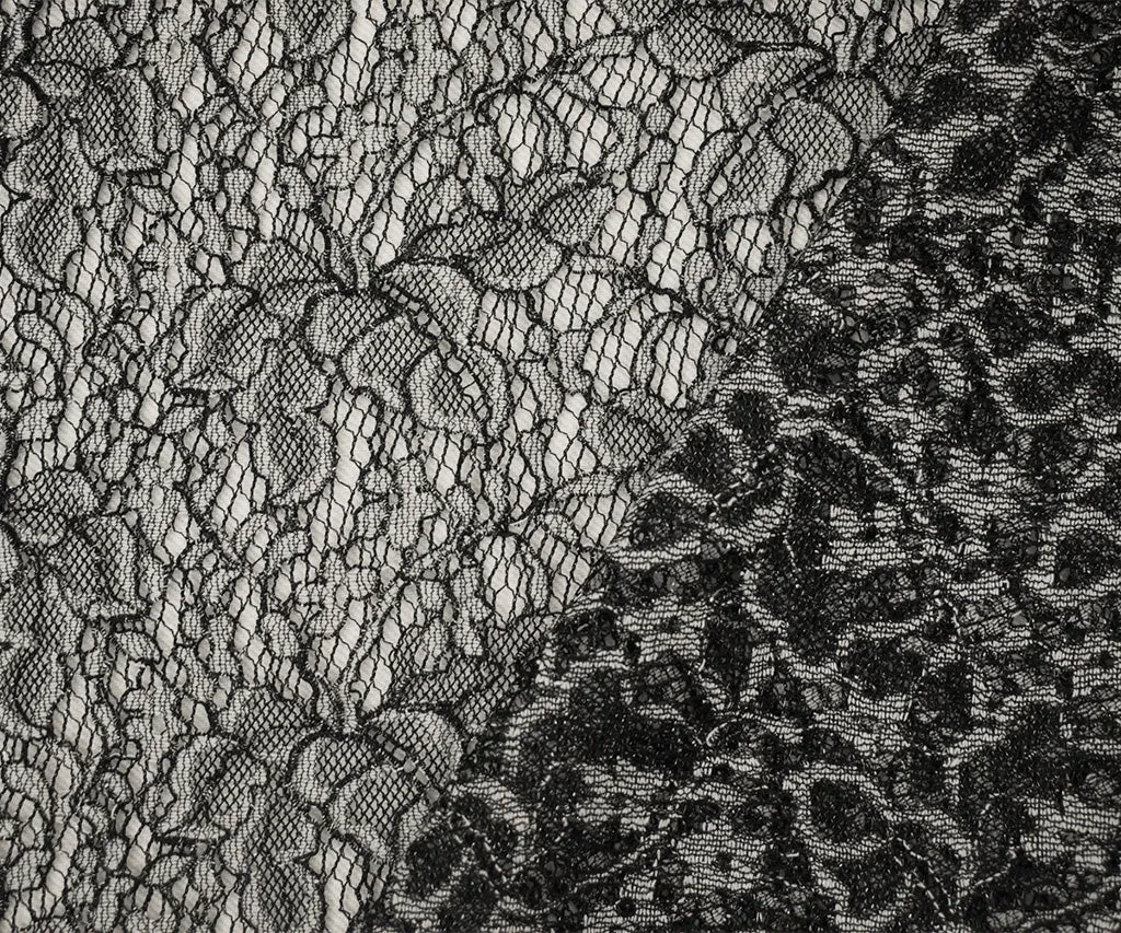 Black-White-Silver Polyester Nylon Floral Lace Mesh Knit Fabric