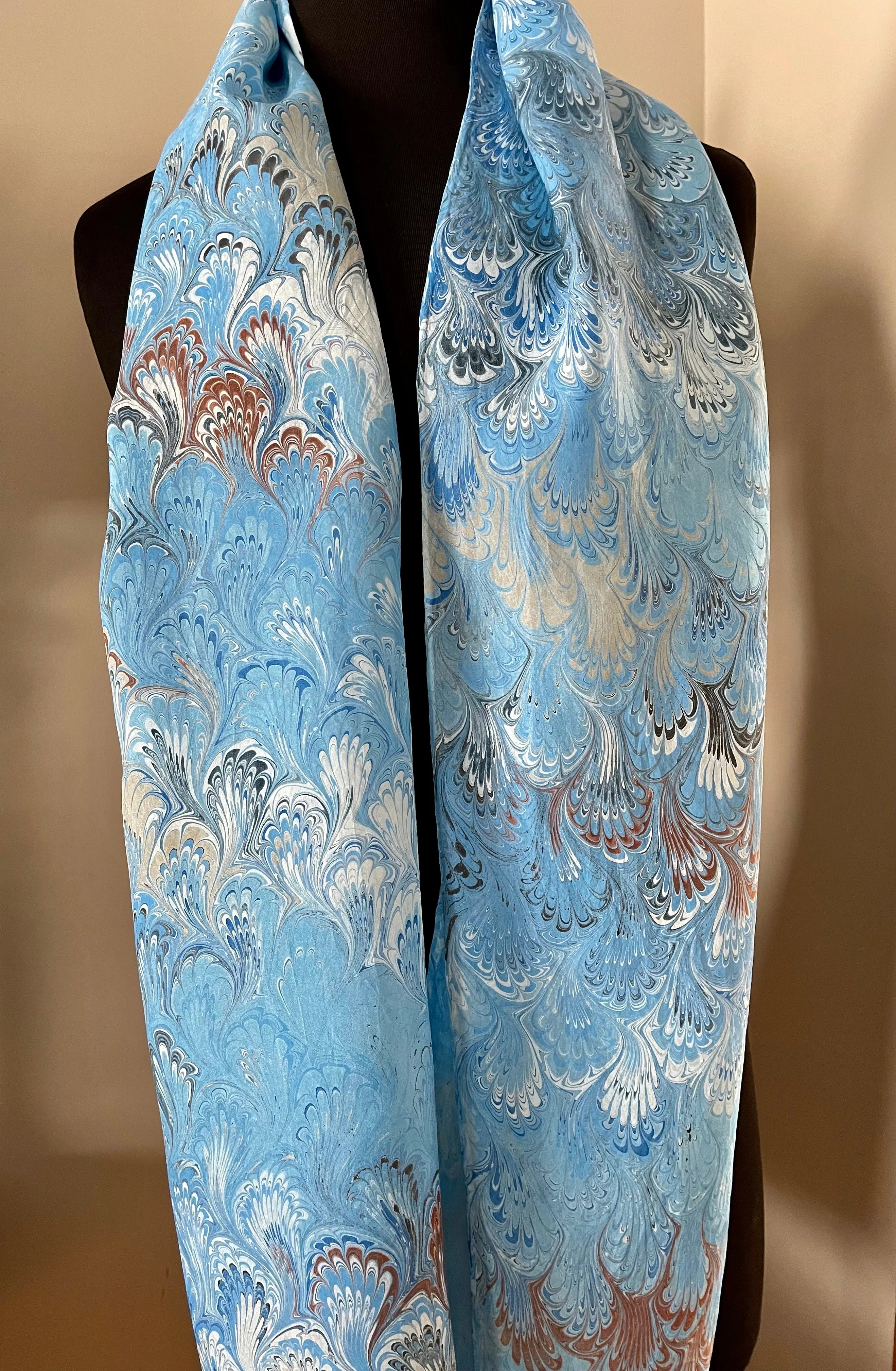Blue brown bouquet traditional  water marbled 8mm Habotai silk.  Hang on the wall, use as a table runner or wear this unique piece