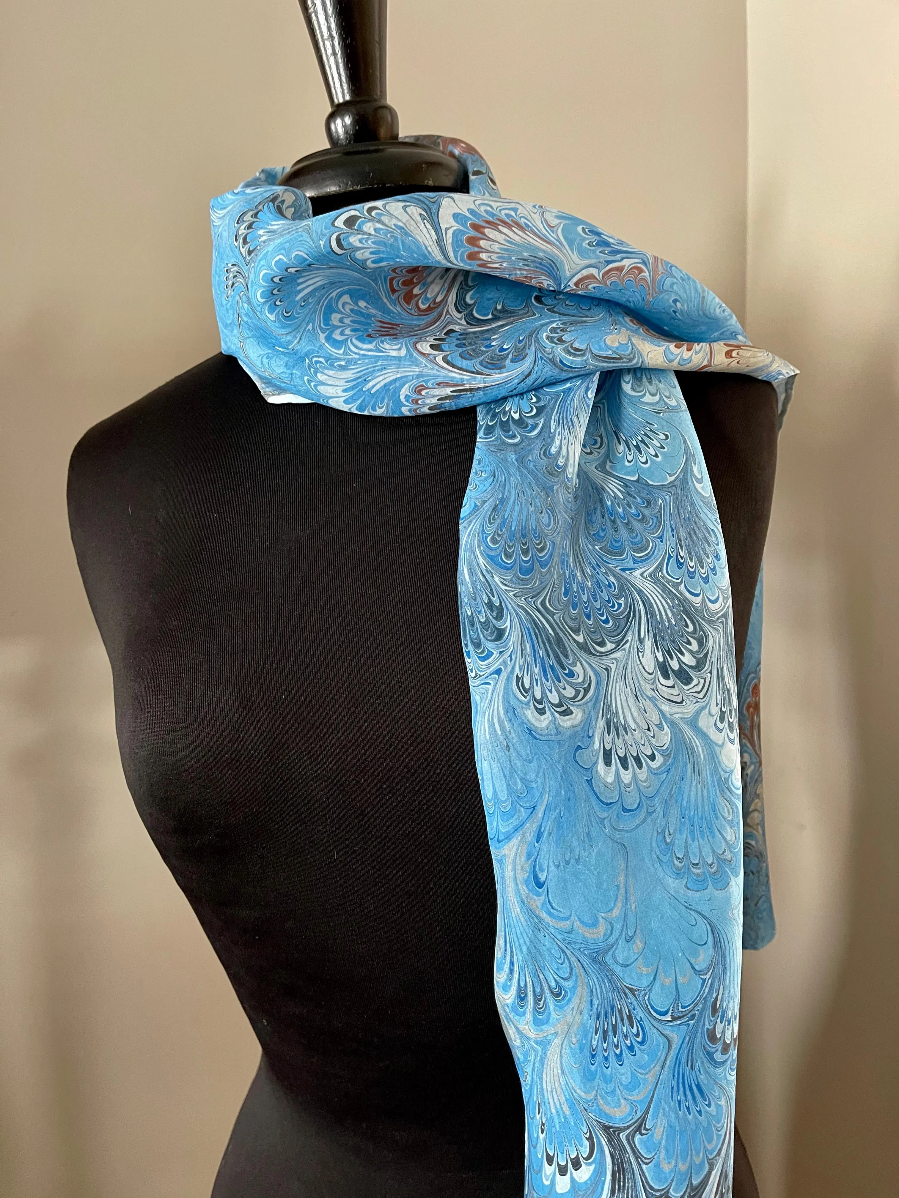 Blue brown bouquet traditional  water marbled 8mm Habotai silk.  Hang on the wall, use as a table runner or wear this unique piece