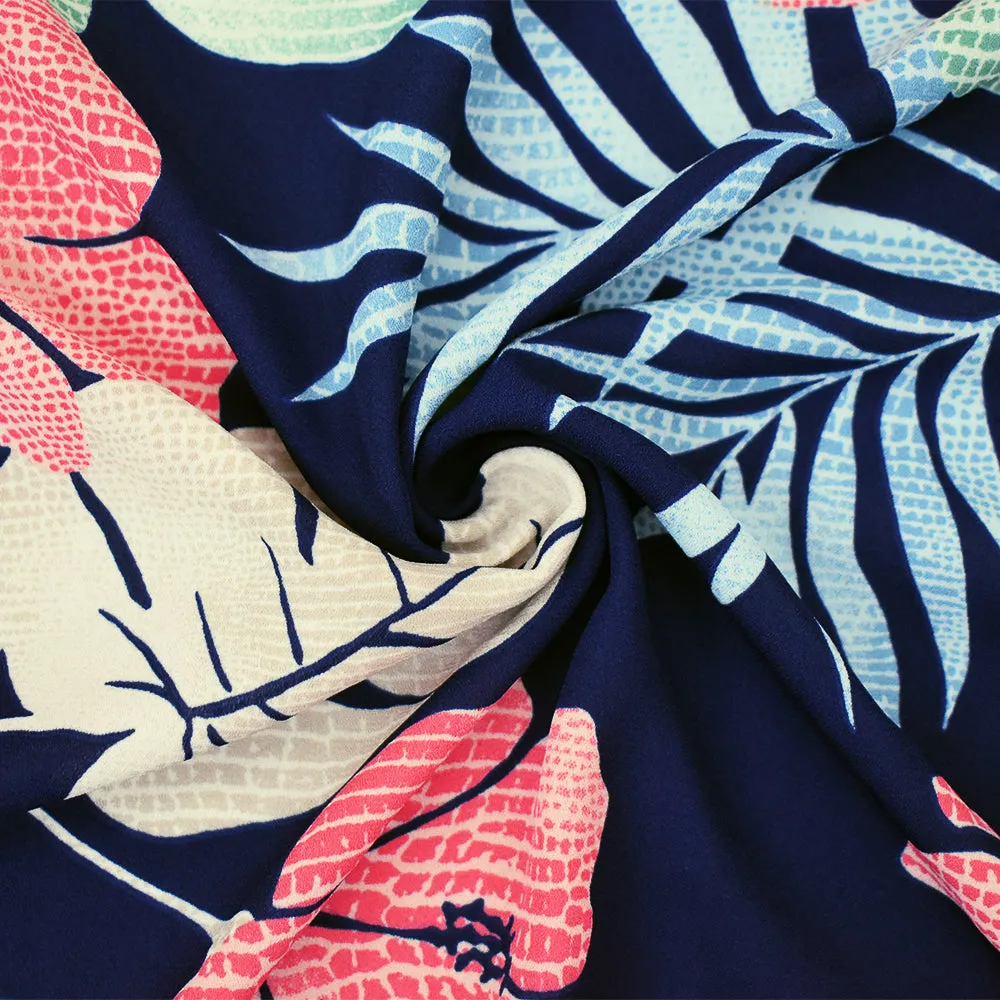 Blue-Green-Multi Leaves Printed Poly Crepe Momie Georgette Woven Fabric