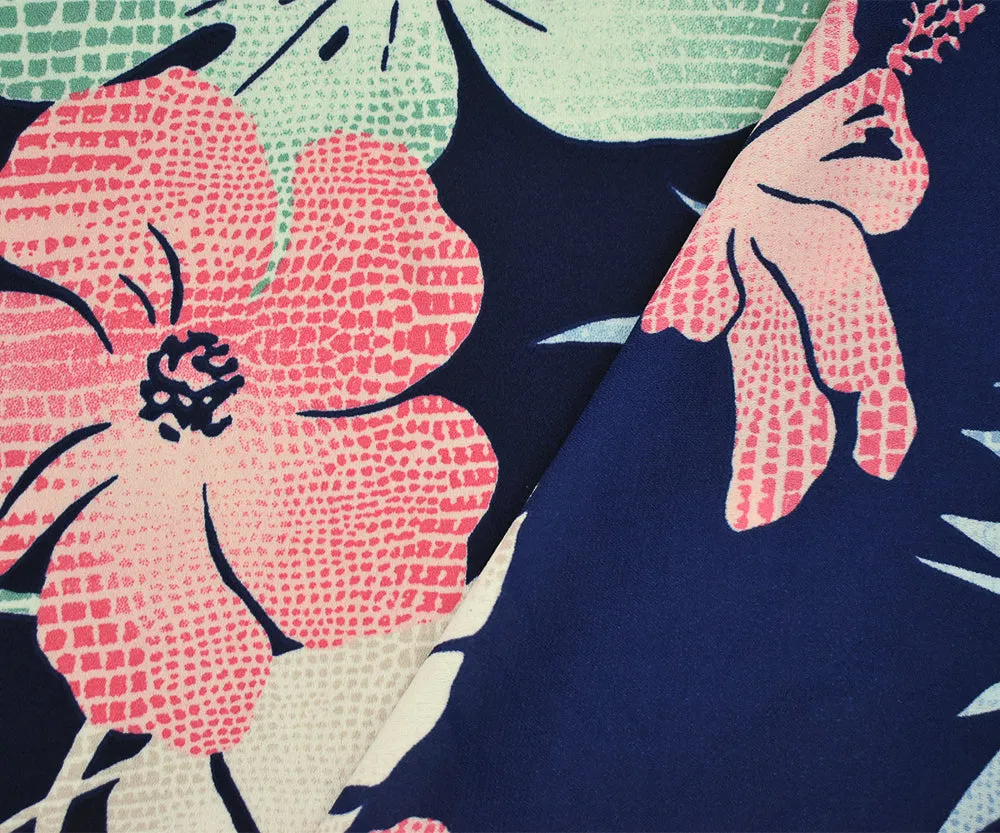 Blue-Green-Multi Leaves Printed Poly Crepe Momie Georgette Woven Fabric