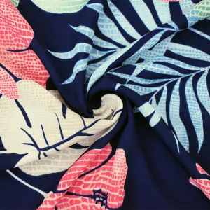 Blue-Green-Multi Leaves Printed Poly Crepe Momie Georgette Woven Fabric