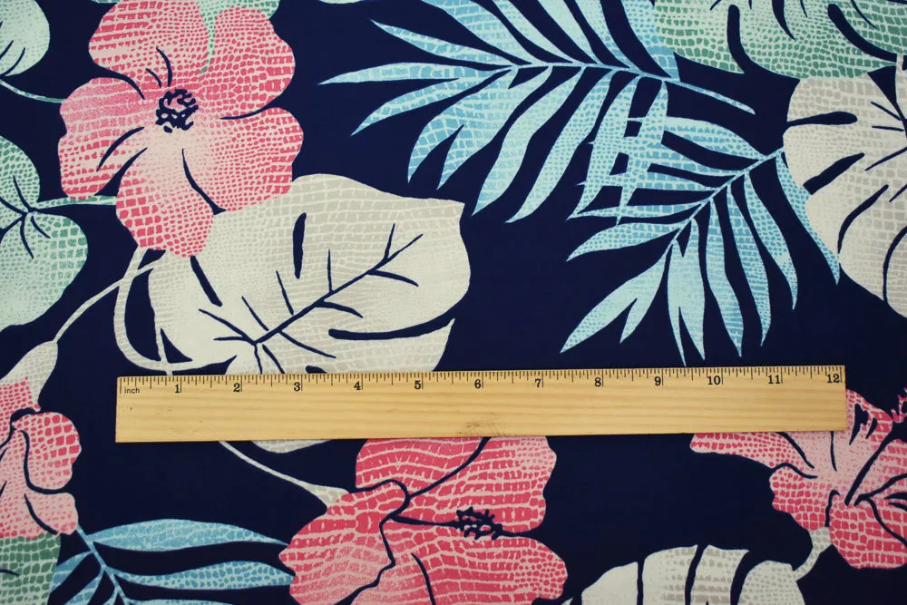 Blue-Green-Multi Leaves Printed Poly Crepe Momie Georgette Woven Fabric