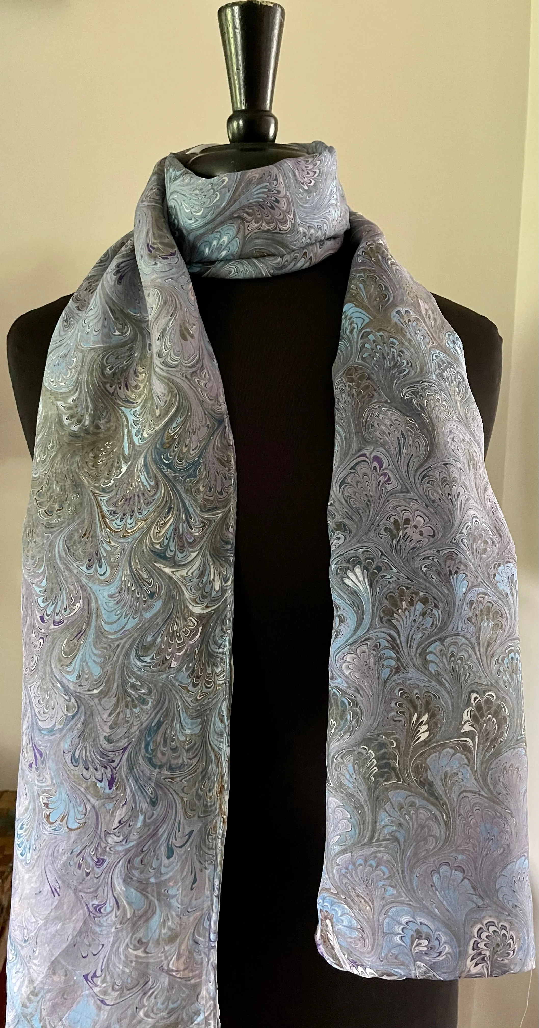 Blue green plum bouquet traditional  water marbled 8mm Habotai silk.  Hang on the wall, use as a table runner or wear this unique piece