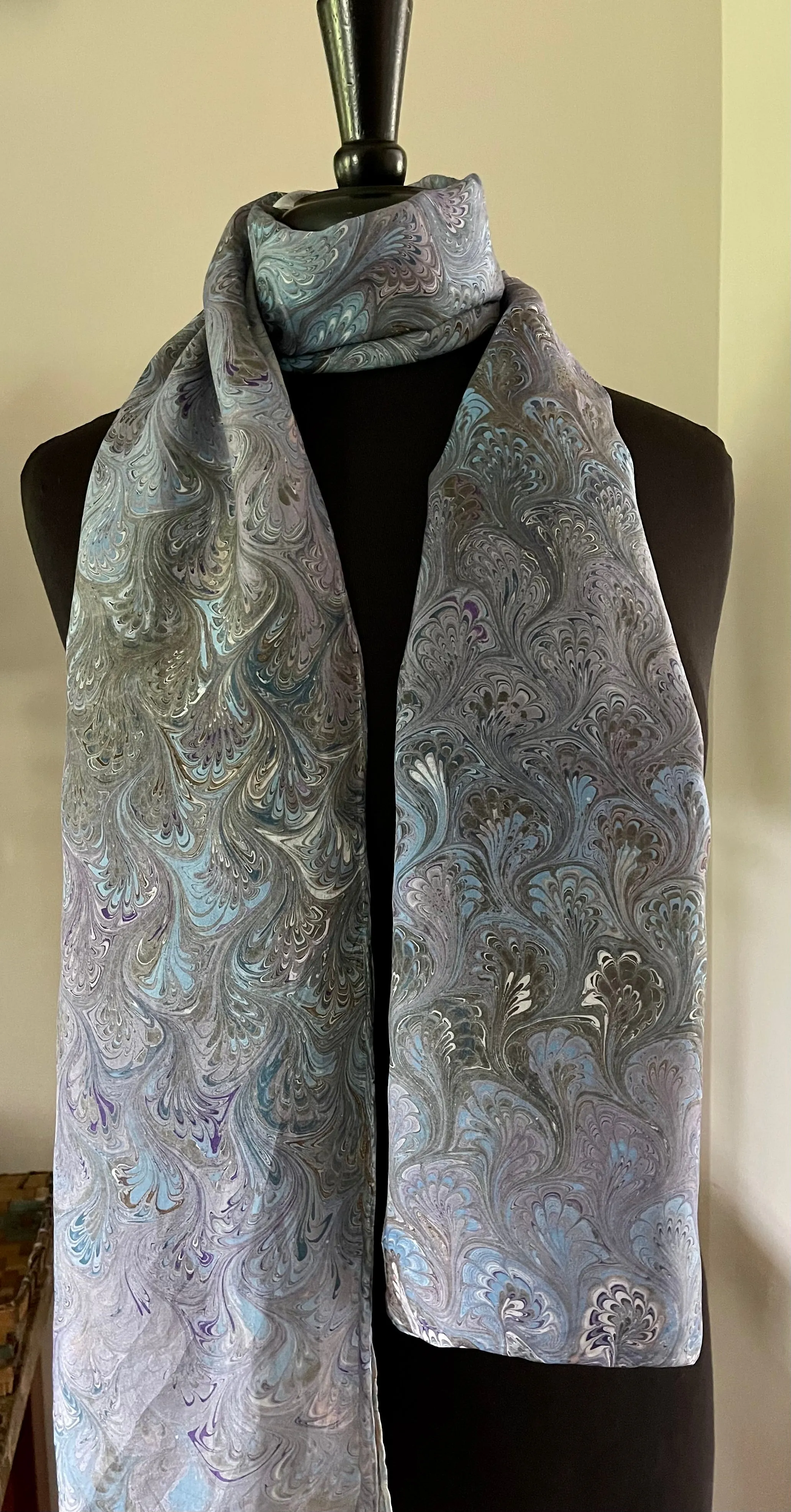 Blue green plum bouquet traditional  water marbled 8mm Habotai silk.  Hang on the wall, use as a table runner or wear this unique piece