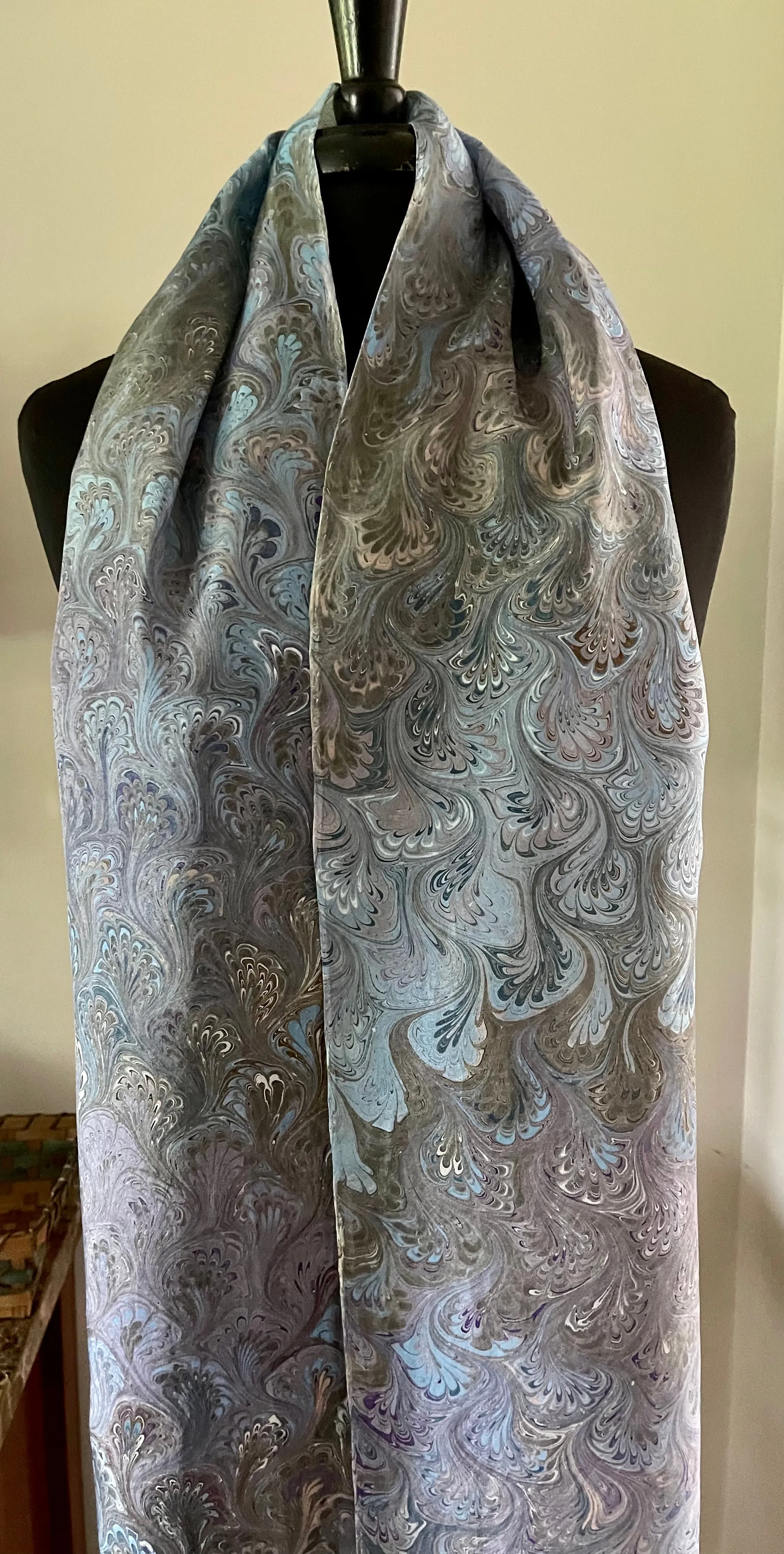 Blue green plum bouquet traditional  water marbled 8mm Habotai silk.  Hang on the wall, use as a table runner or wear this unique piece