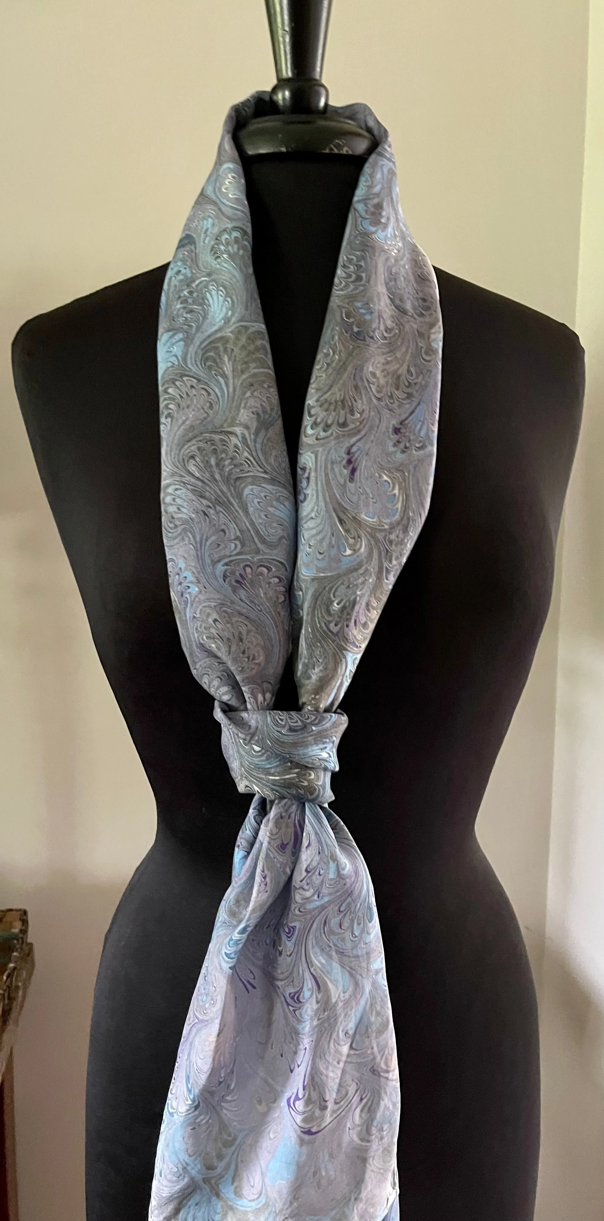 Blue green plum bouquet traditional  water marbled 8mm Habotai silk.  Hang on the wall, use as a table runner or wear this unique piece