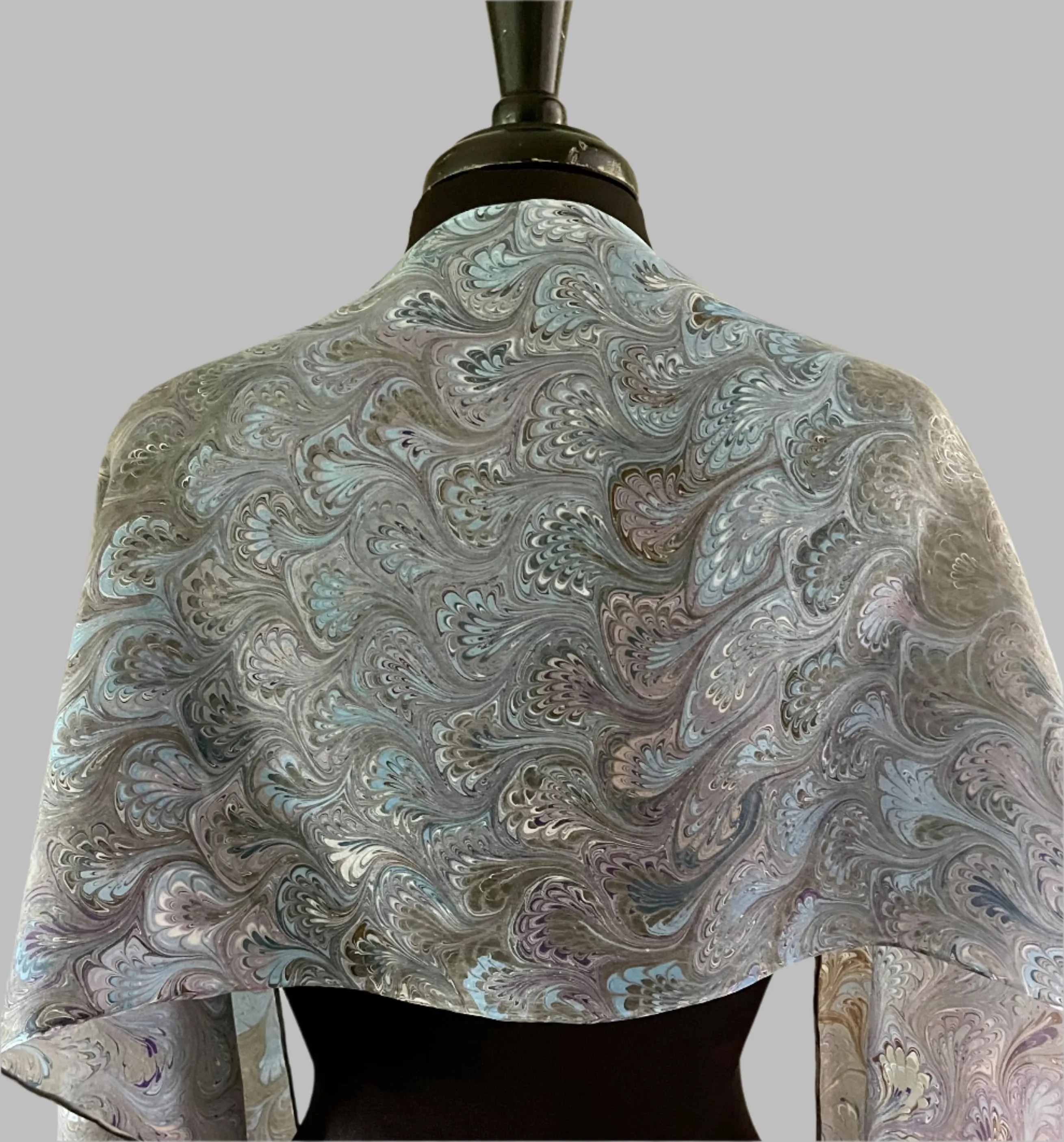 Blue green plum bouquet traditional  water marbled 8mm Habotai silk.  Hang on the wall, use as a table runner or wear this unique piece