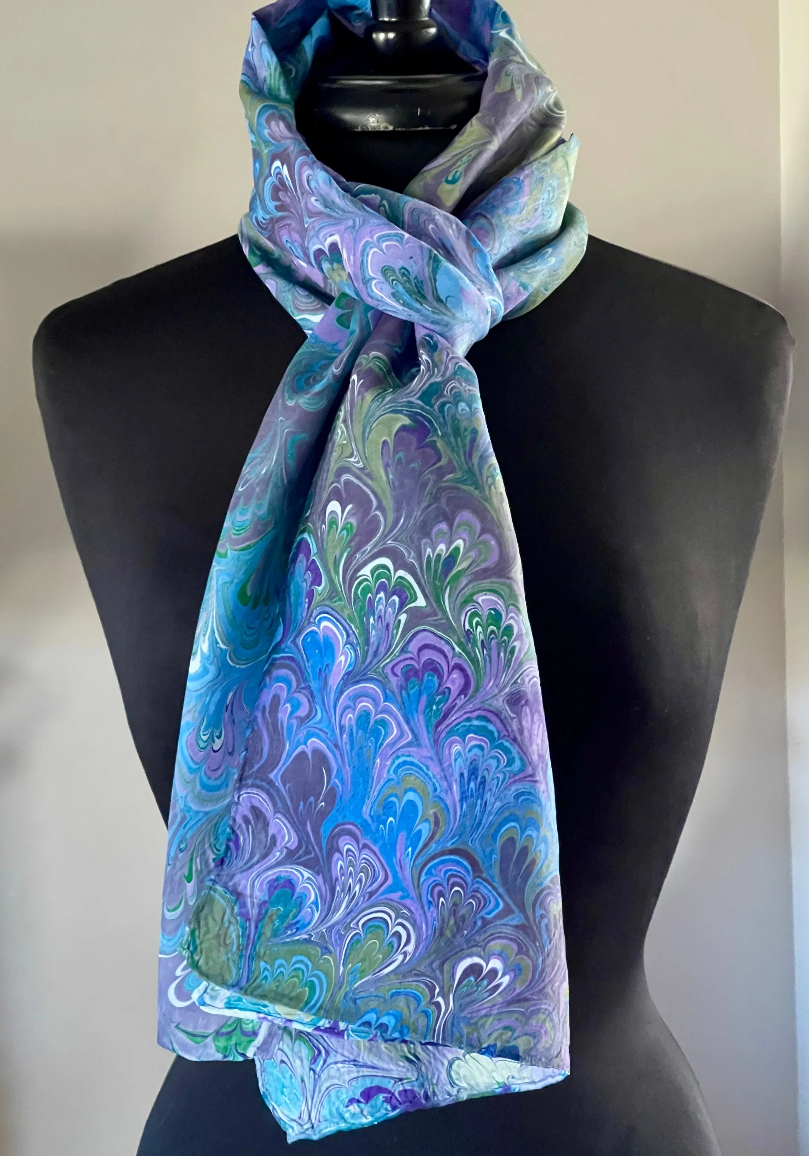 Blue purple green bouquet pattern Habotai Silk