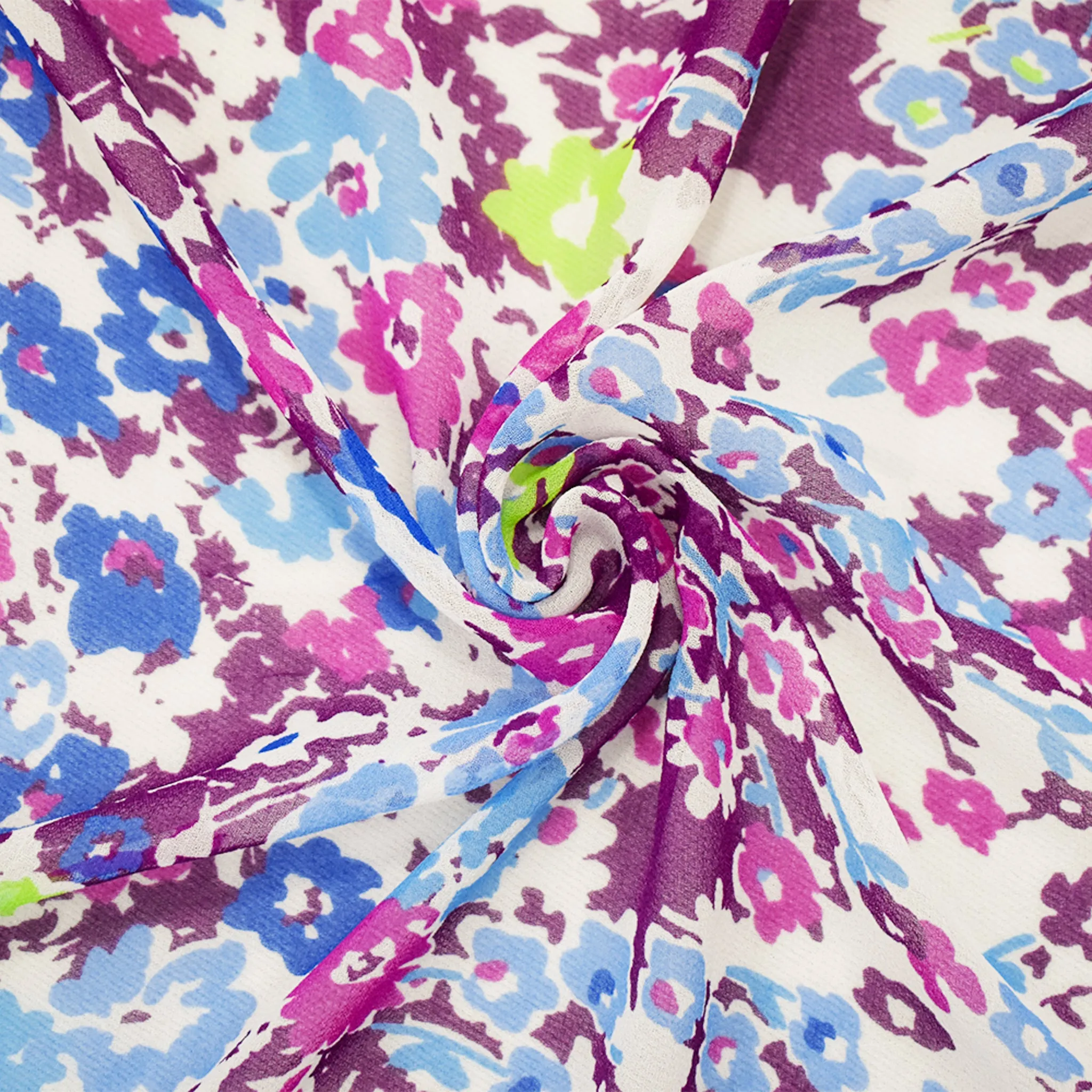 Blue-Purple-Multi Poly Floral Printed Chiffon Woven Fabric