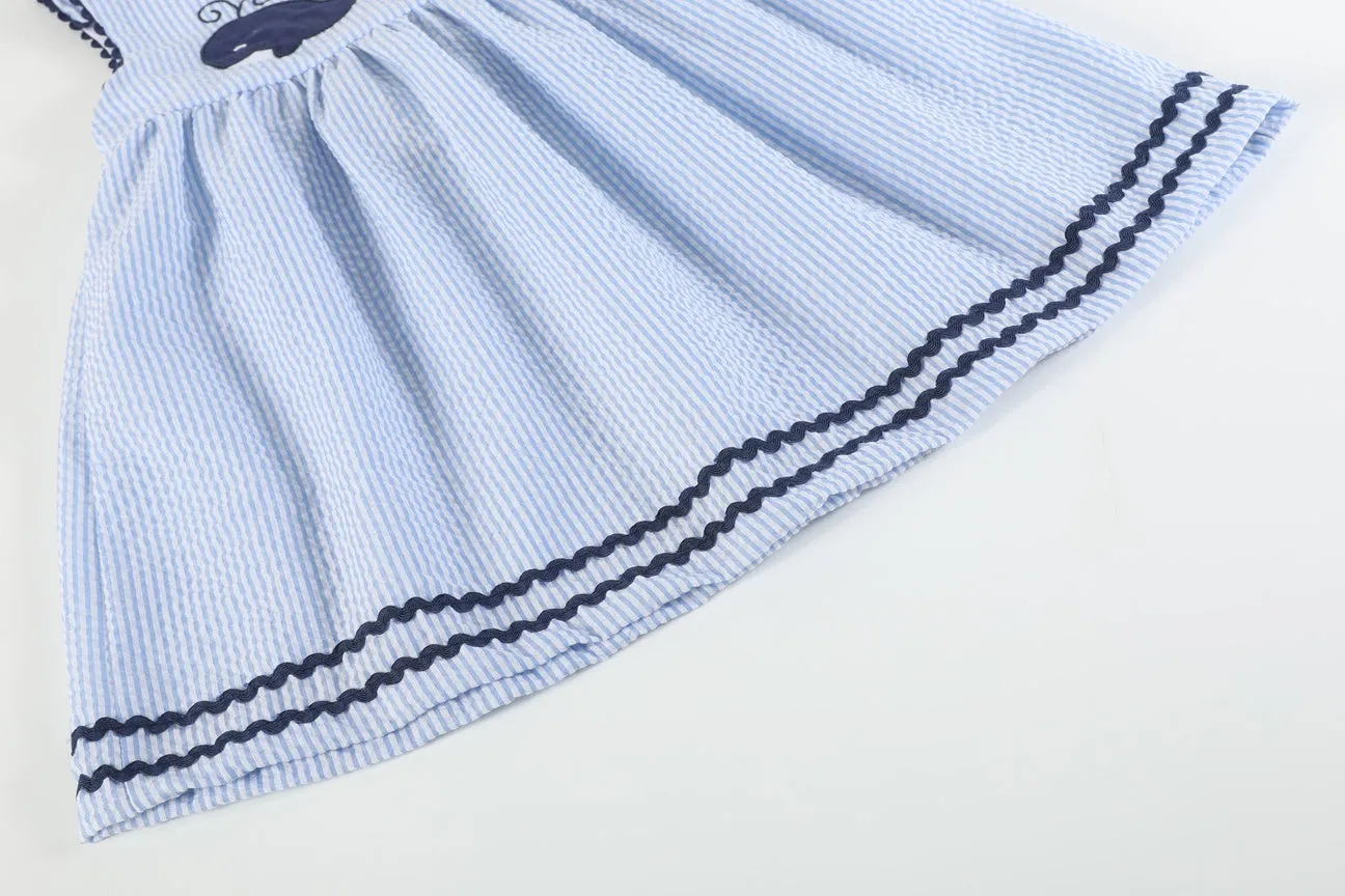 Blue Seersucker Whale Family Dress