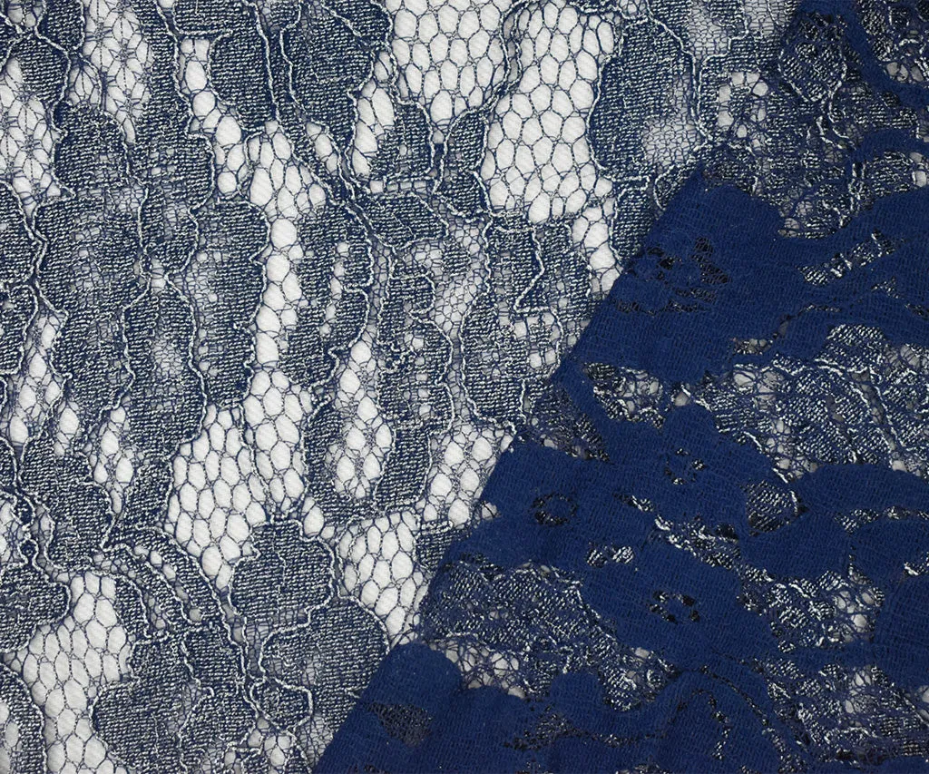Blue-Silver Poly Nylon Floral Lace Mesh Knit Fabric