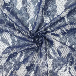 Blue-Silver Poly Nylon Floral Lace Mesh Knit Fabric