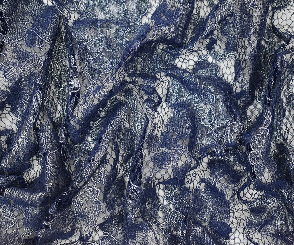 Blue-Silver Poly Nylon Floral Lace Mesh Knit Fabric