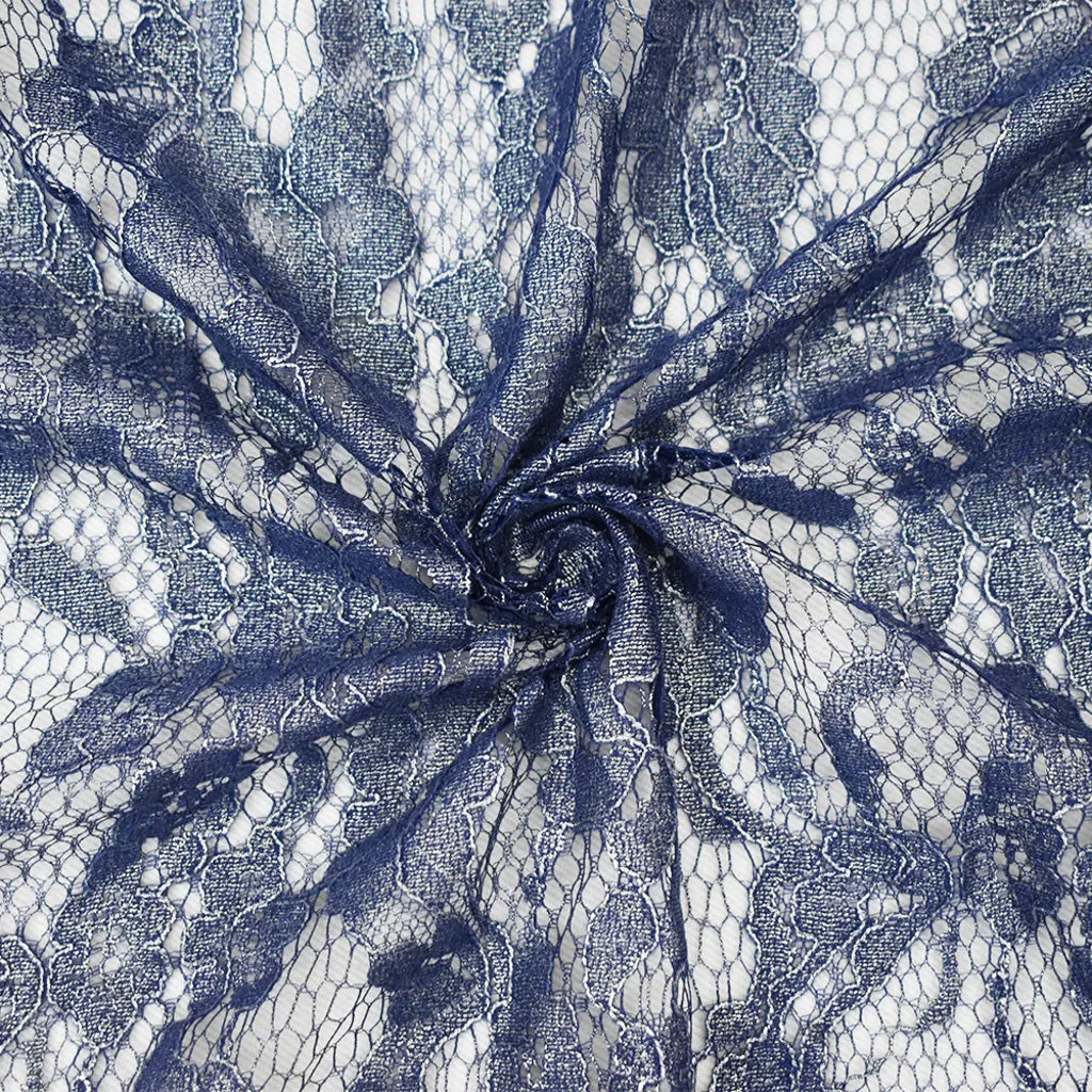 Blue-Silver Poly Nylon Floral Lace Mesh Knit Fabric