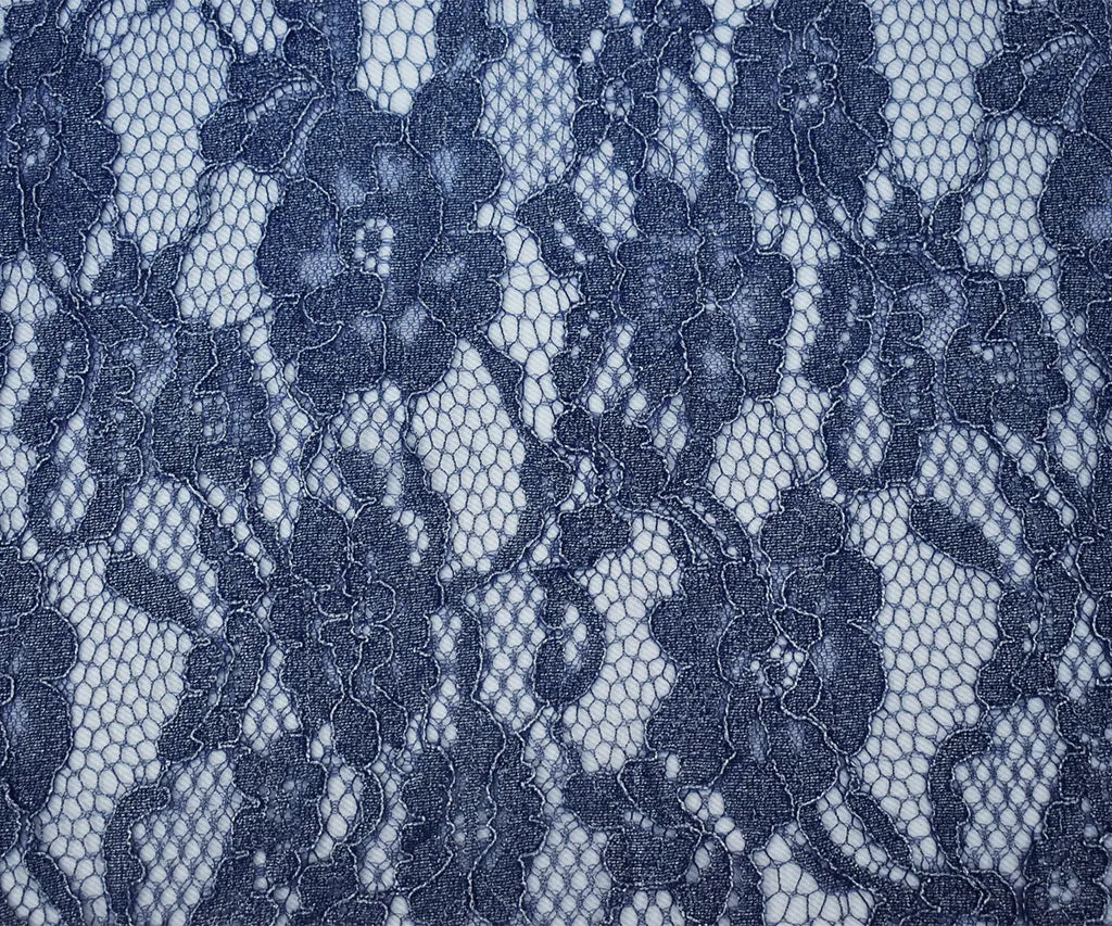 Blue-Silver Poly Nylon Floral Lace Mesh Knit Fabric