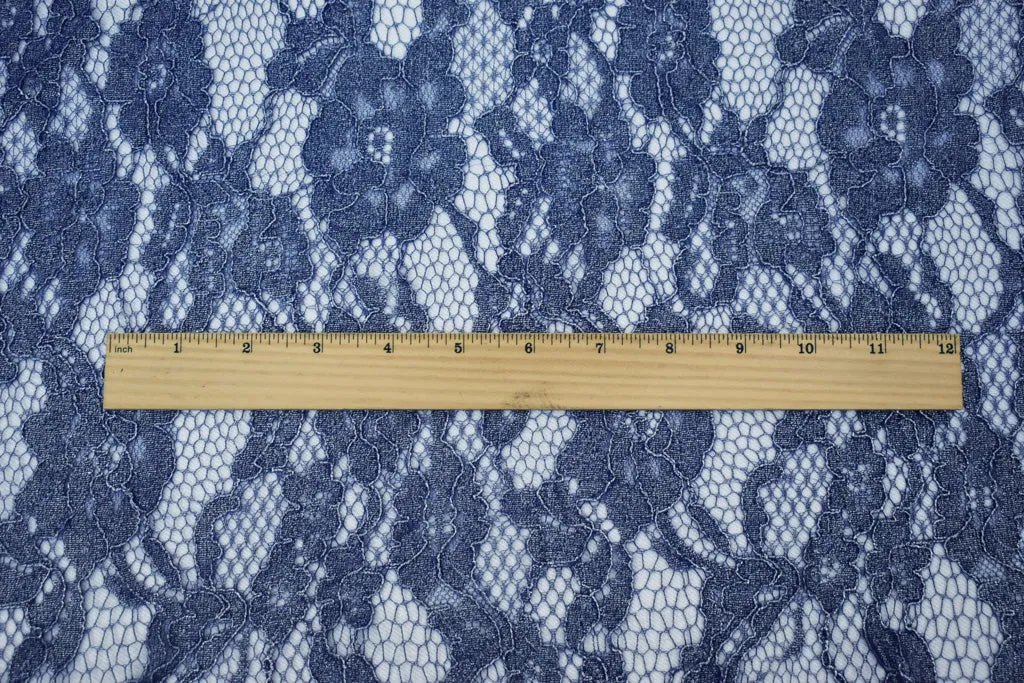 Blue-Silver Poly Nylon Floral Lace Mesh Knit Fabric