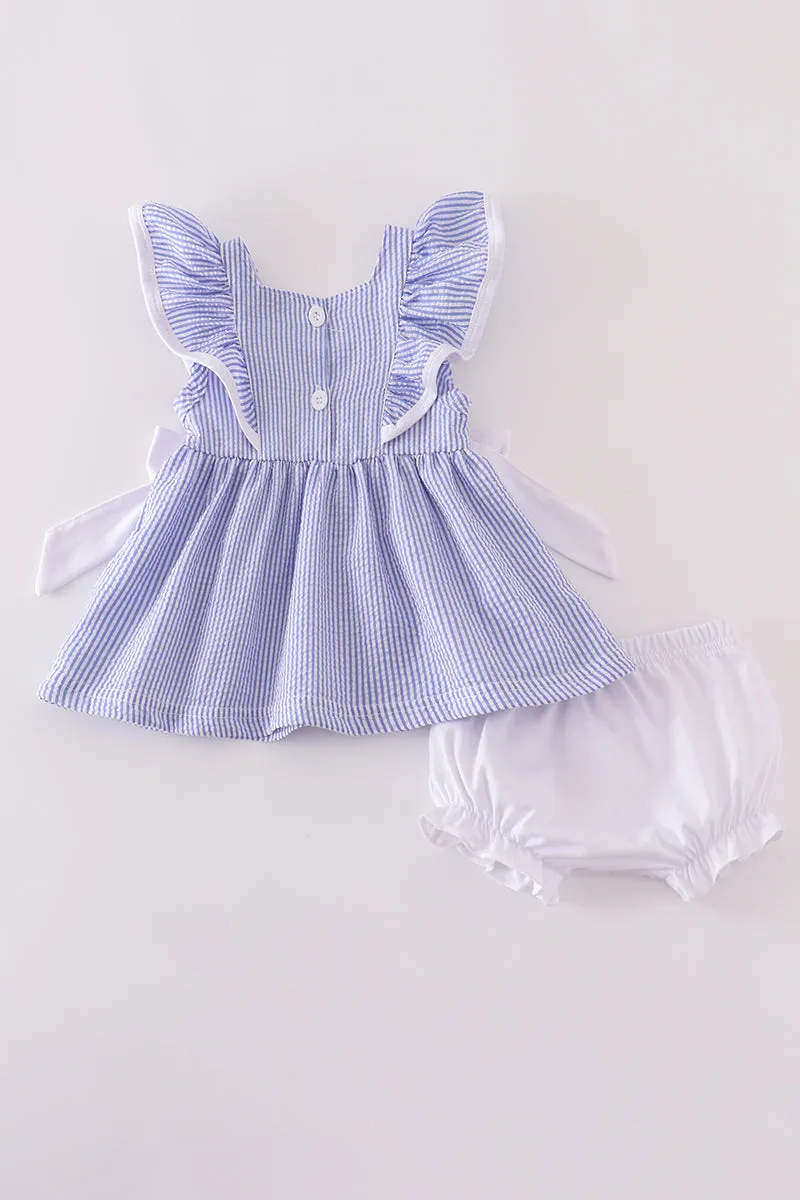 Blue stripe seersucker ruffle bloomer set