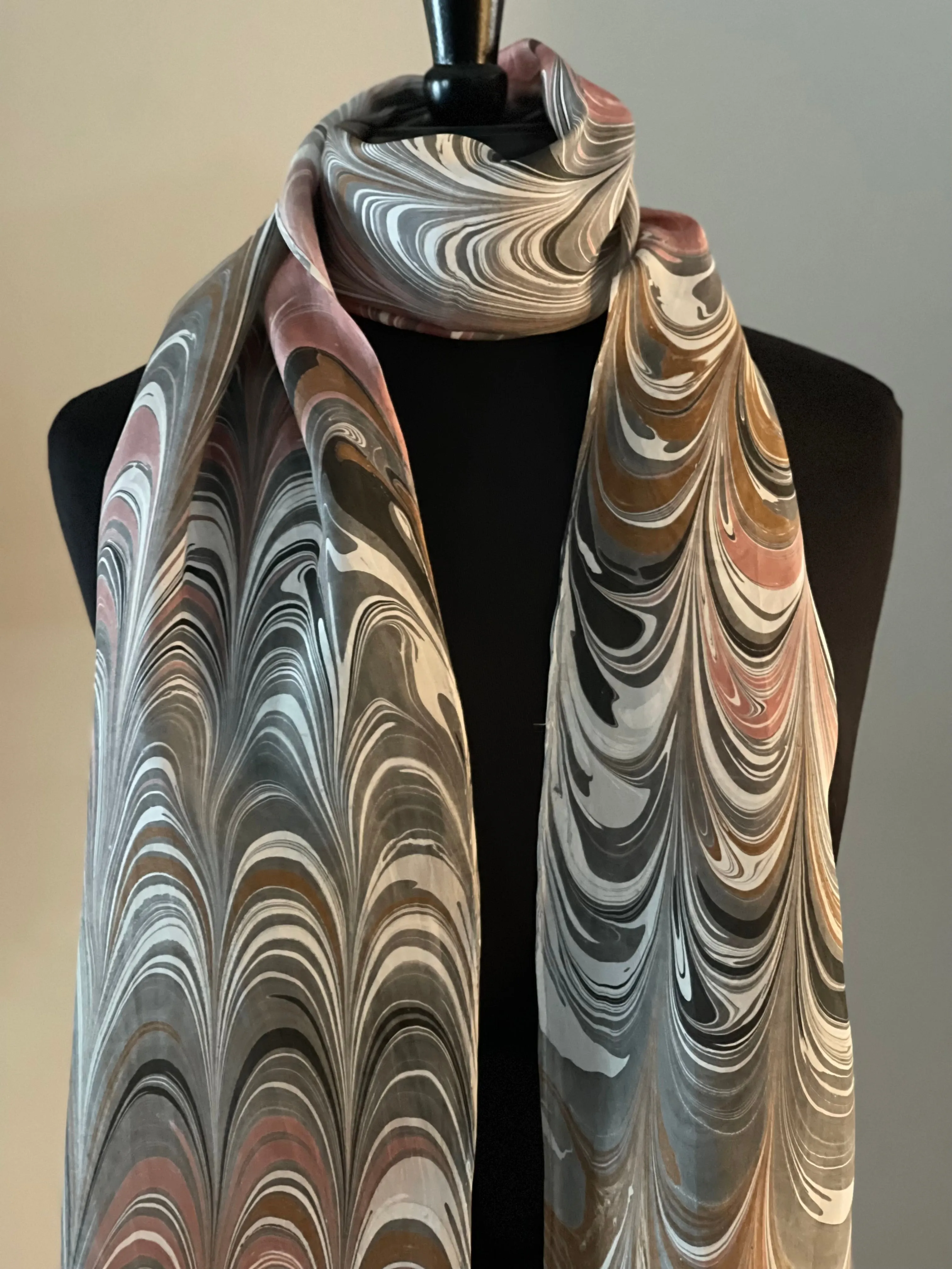 Bold stripes neutral color water marbled 8mm Habotai silk.  Hang on the wall, use as a table runner or wear this unique piece