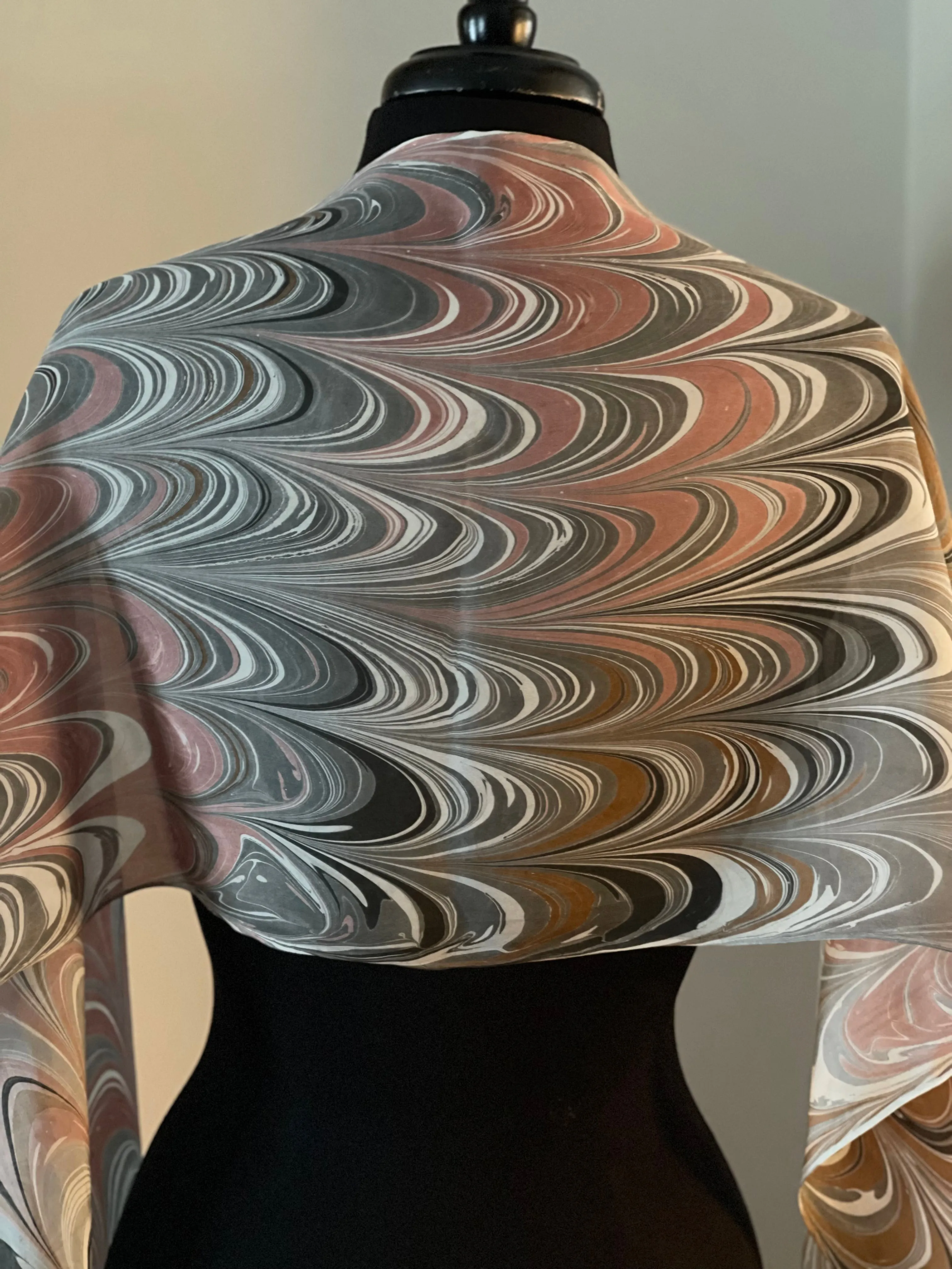 Bold stripes neutral color water marbled 8mm Habotai silk.  Hang on the wall, use as a table runner or wear this unique piece