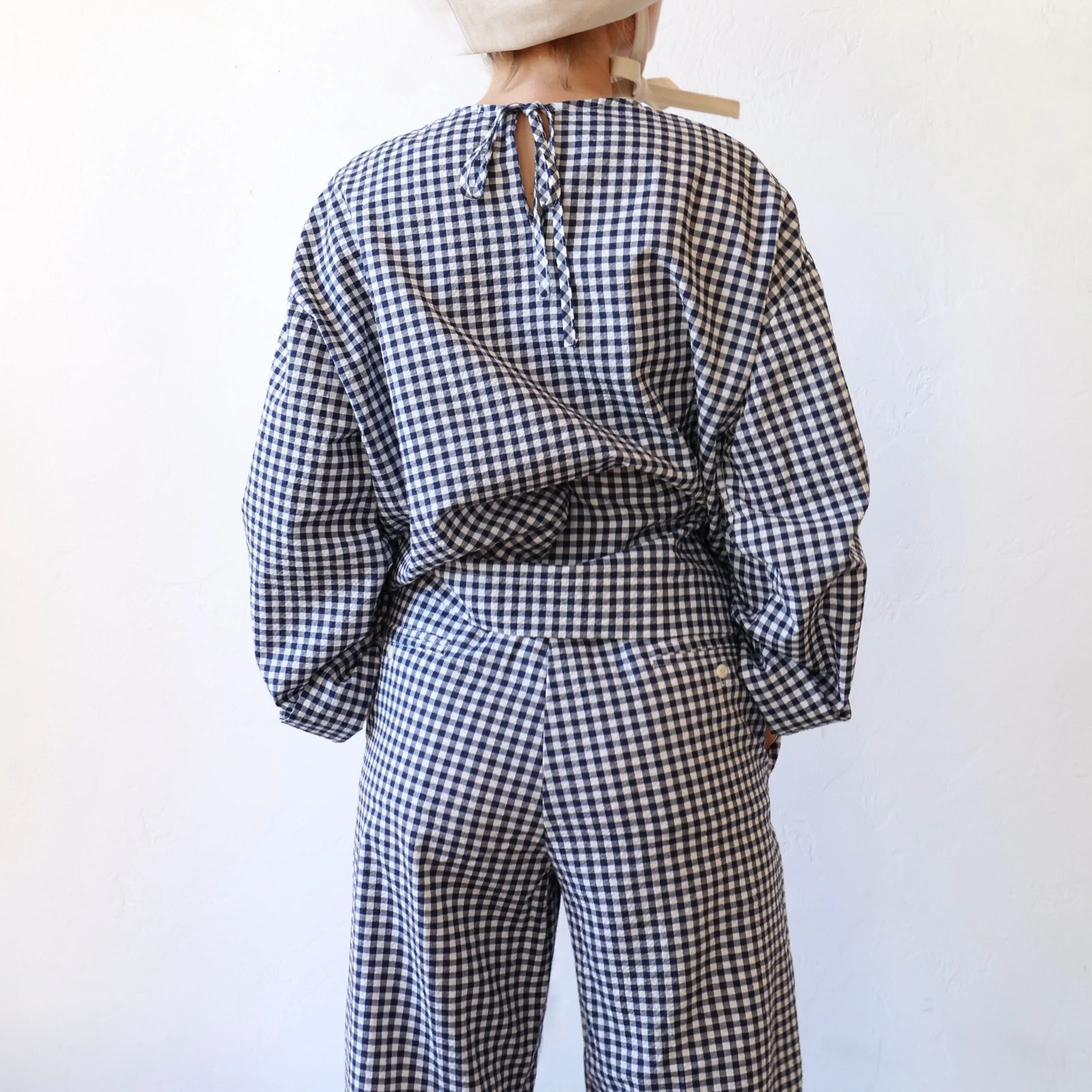 Bon Tie Back Shirt - Navy Gingham Seersucker
