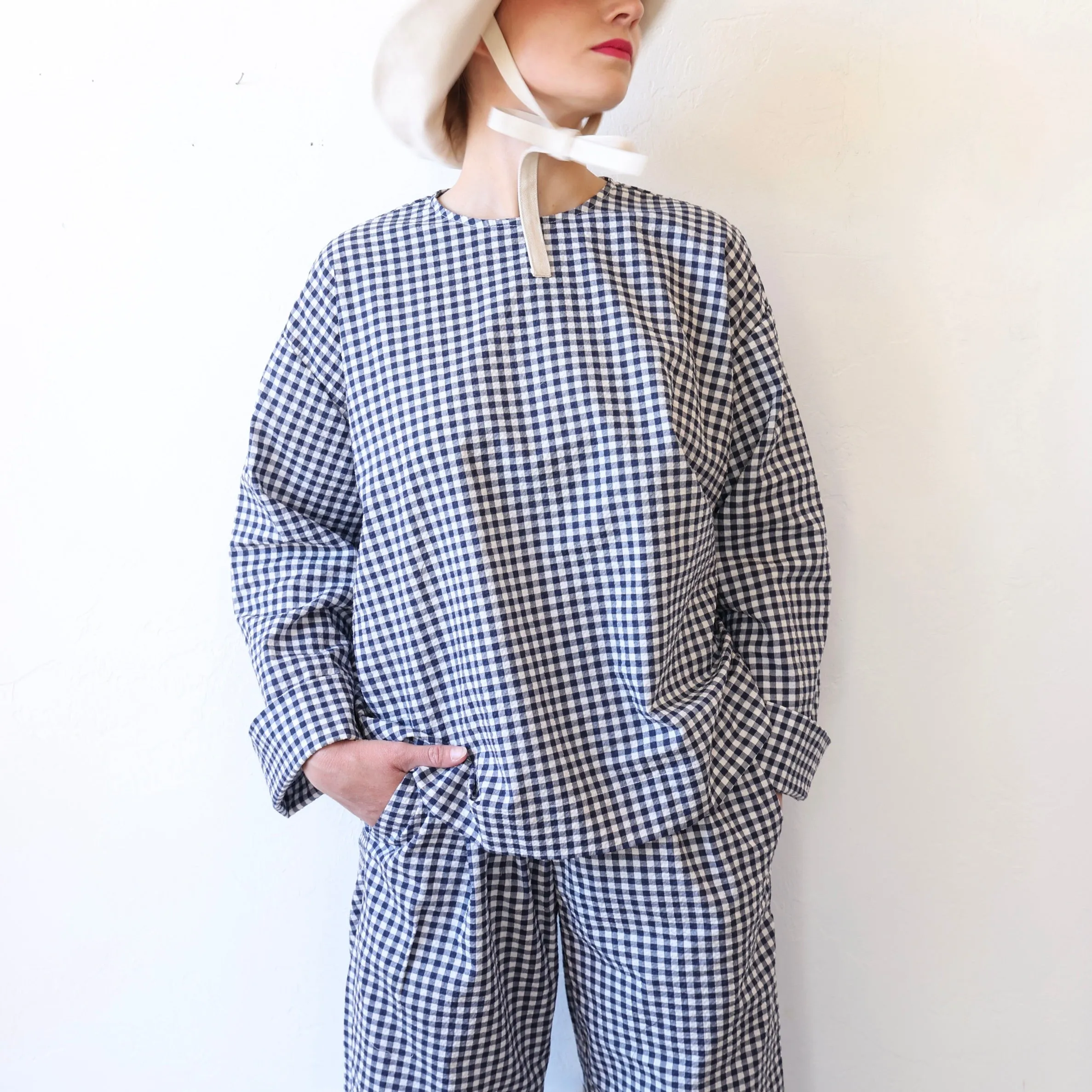Bon Tie Back Shirt - Navy Gingham Seersucker