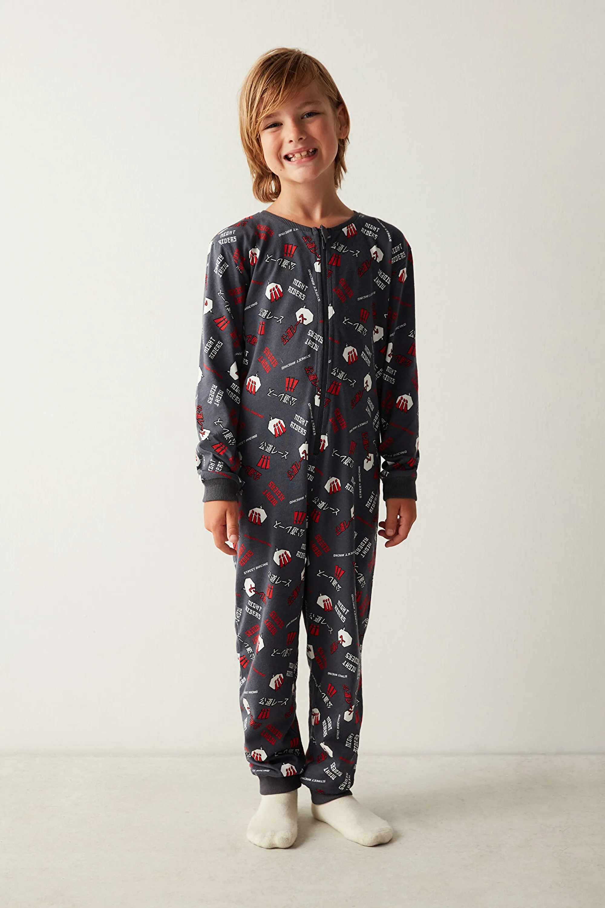 Boys Anime Patterned Anthracite Overalls