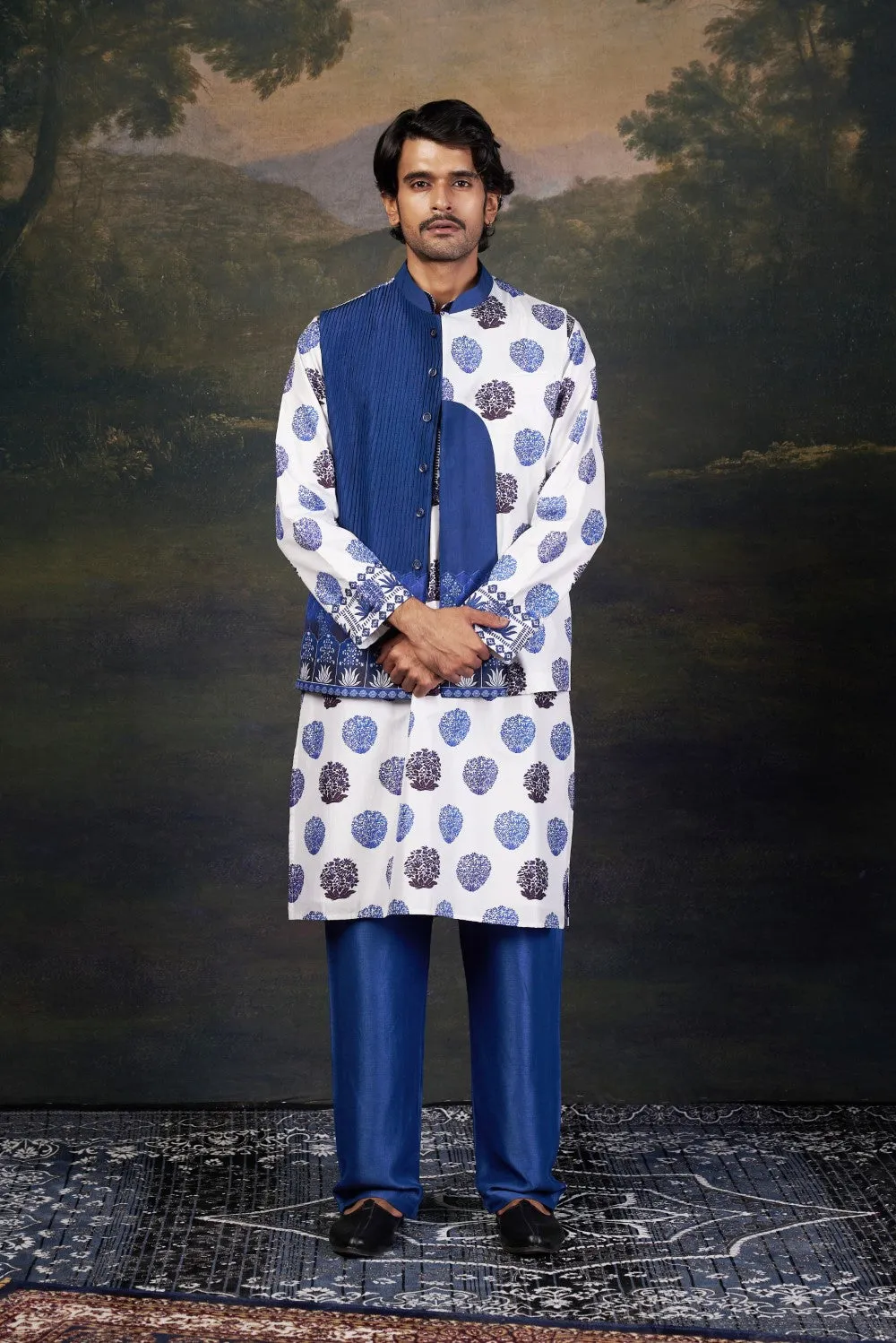 Buti Print Nehru Jacket with Kurta & Pyjama