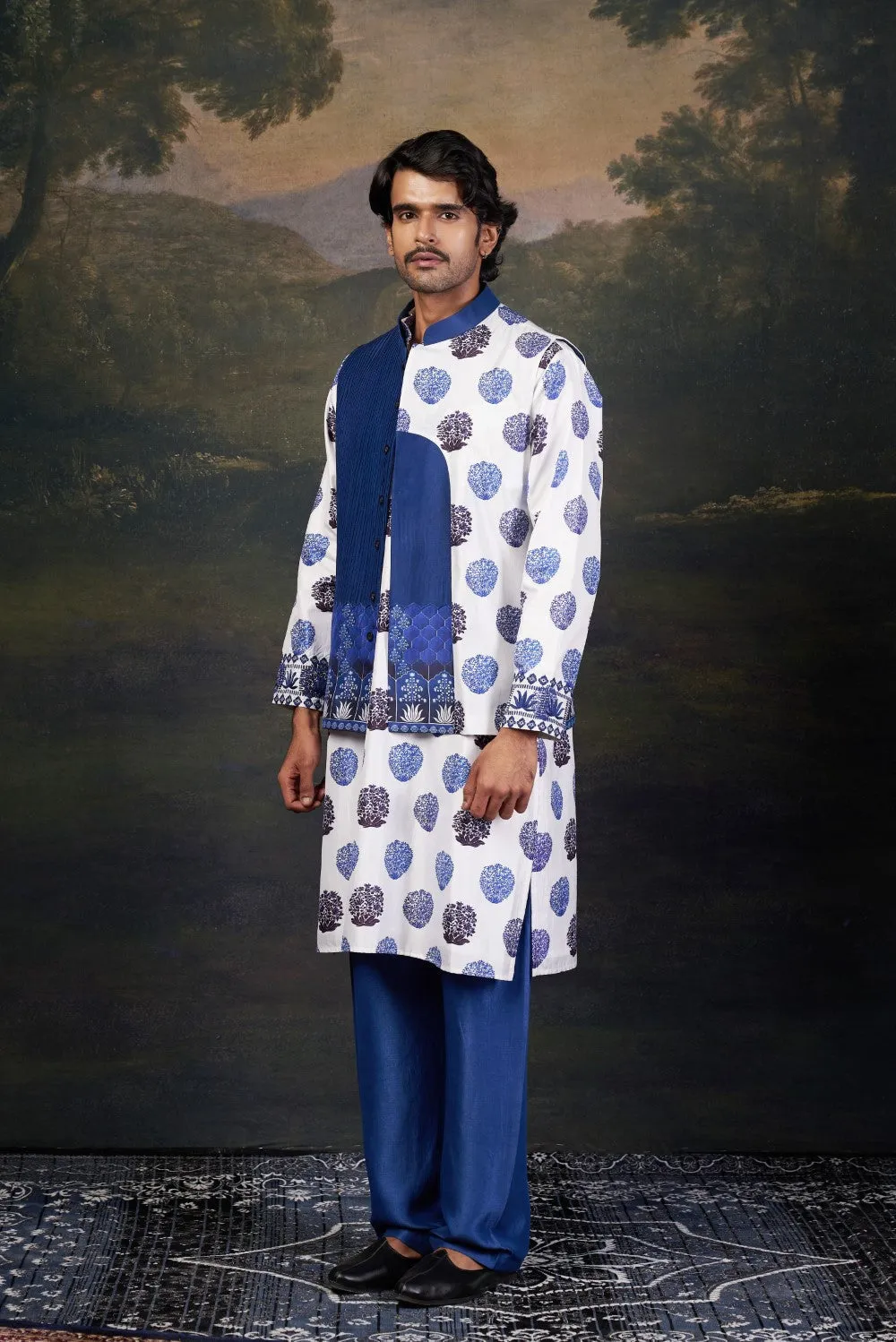 Buti Print Nehru Jacket with Kurta & Pyjama