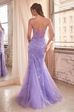 CD CR868 - Sequin Printed Fit & Flare Prom Gown with Sheer Boned Bodice & Leg Slit