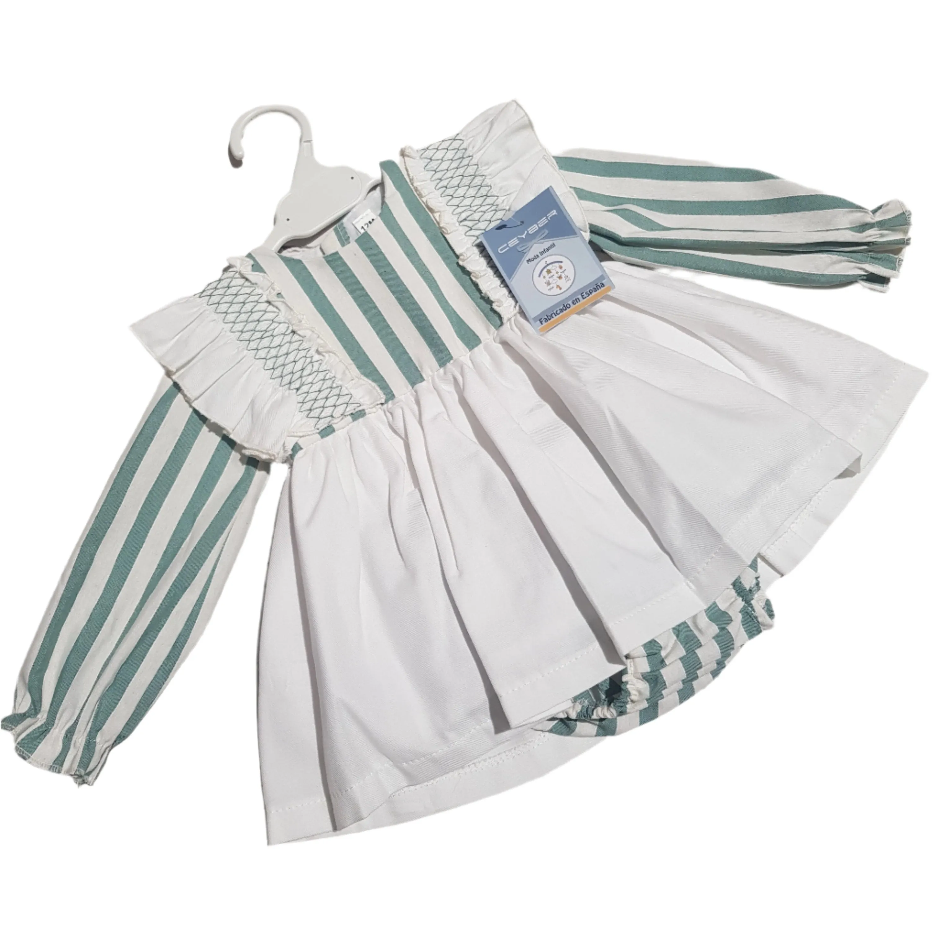 Ceyber Baby Girls Green & White Stripe Frill Dress