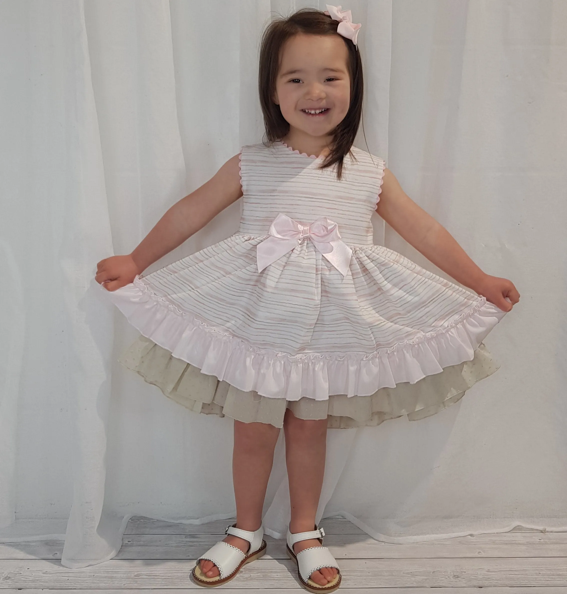 Ceyber Older Girls Pink and Tan Stripe Dress