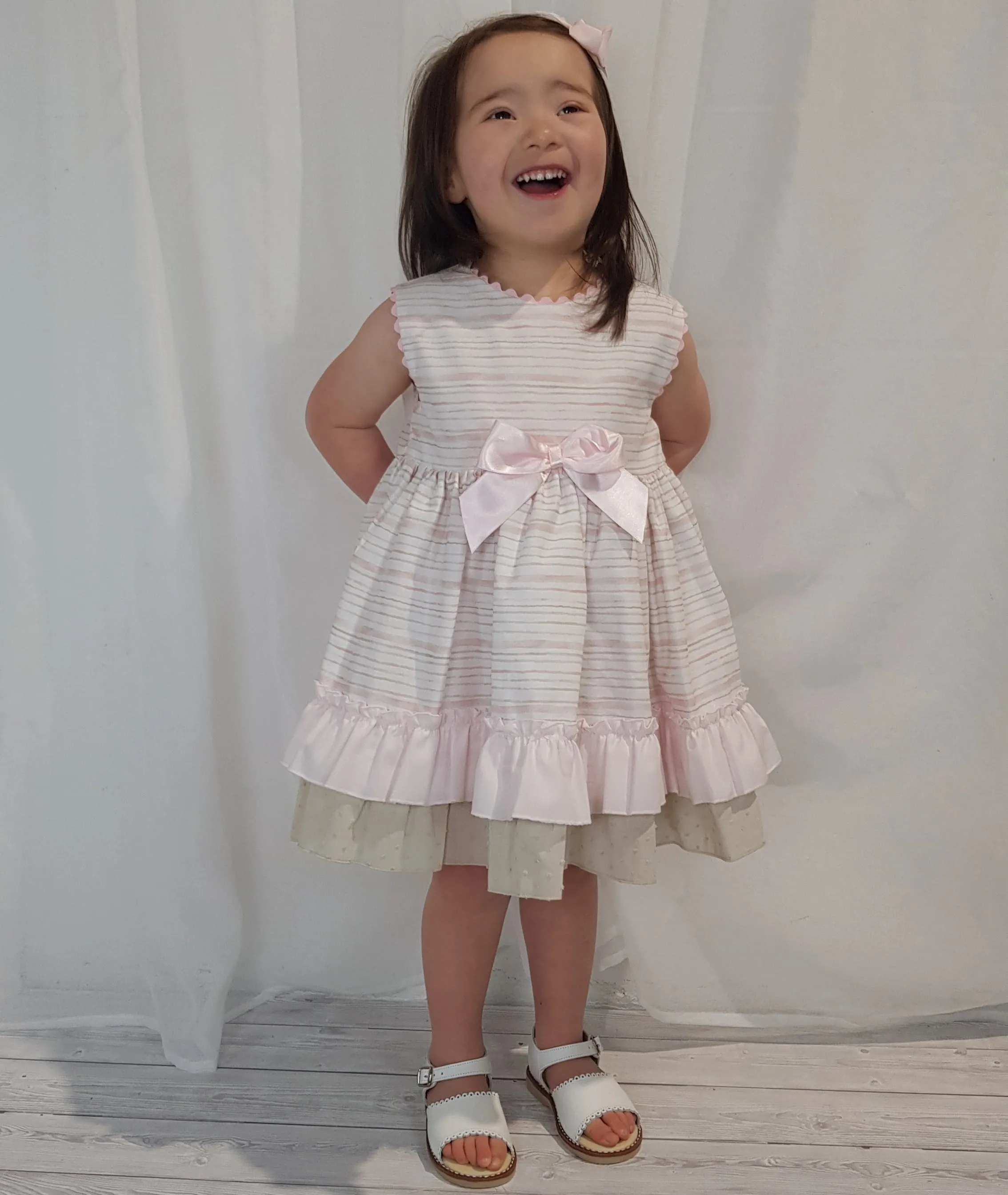 Ceyber Older Girls Pink and Tan Stripe Dress