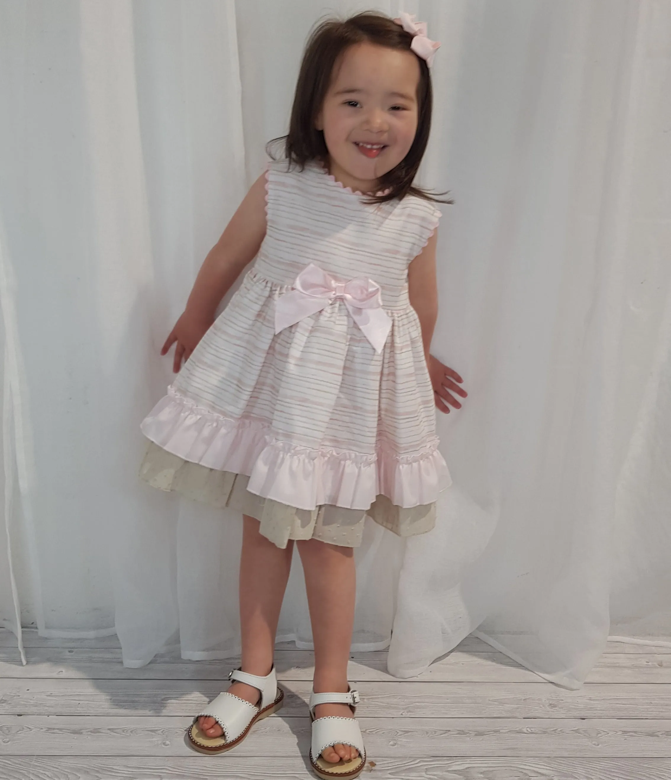 Ceyber Older Girls Pink and Tan Stripe Dress