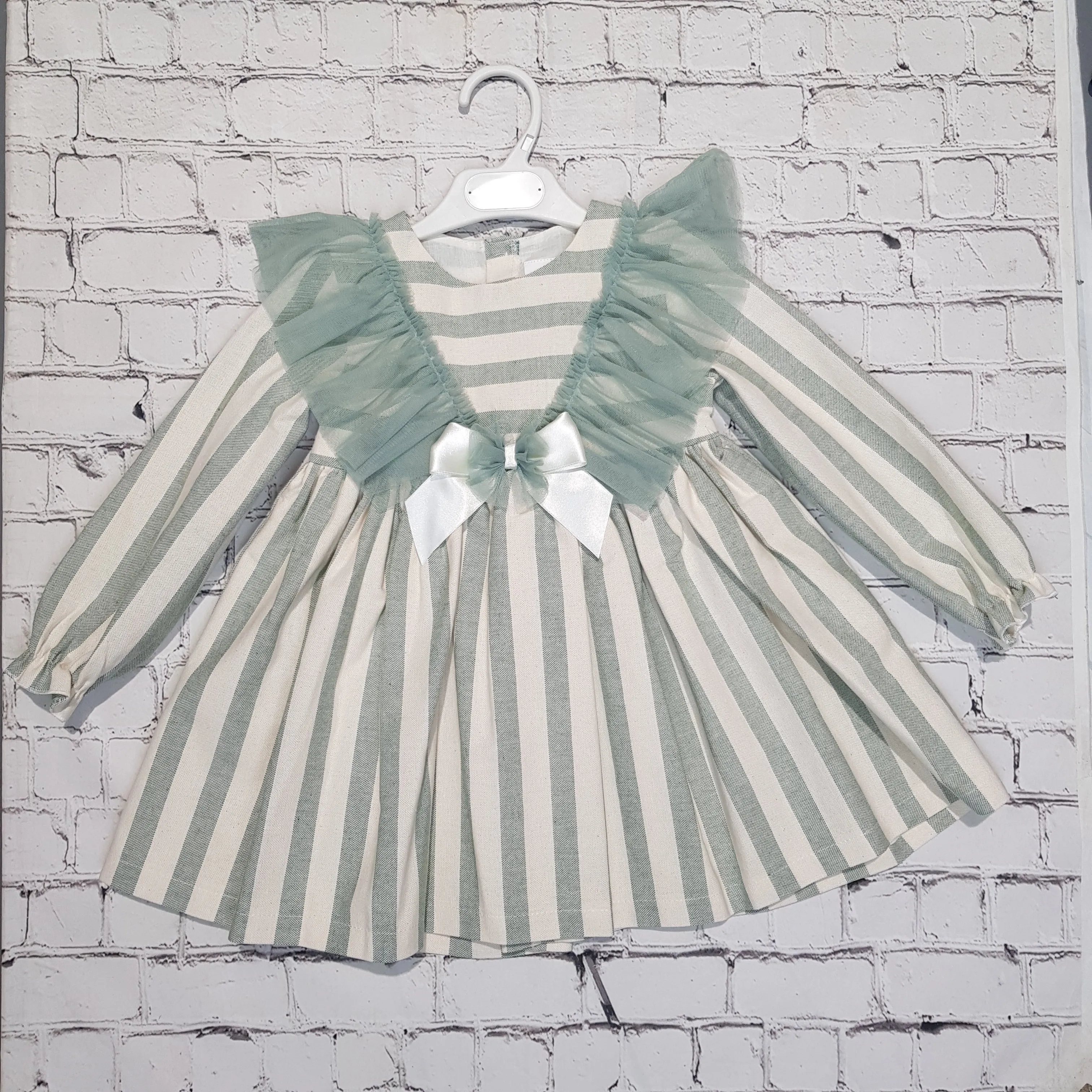 Ceyber Older Girls Sage Lace Shoulder Stripe Dress