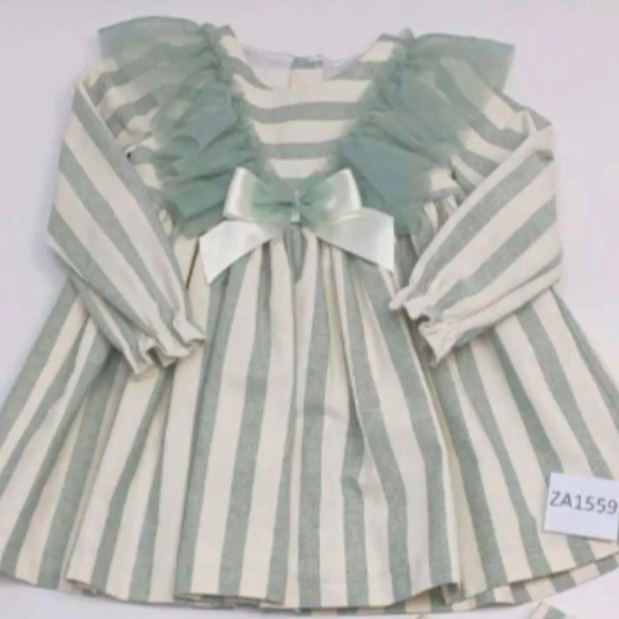 Ceyber Older Girls Sage Lace Shoulder Stripe Dress
