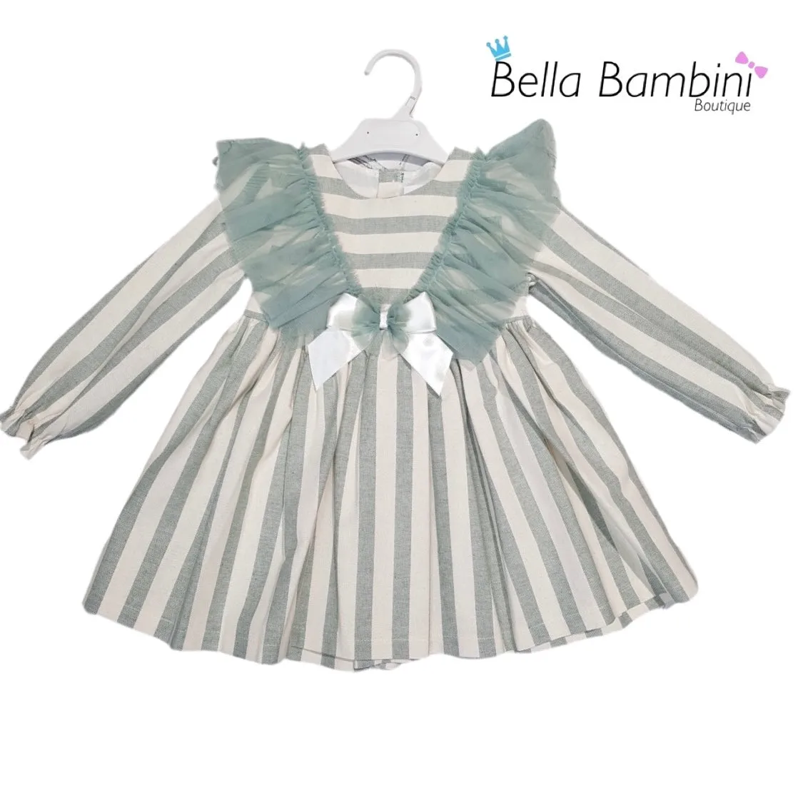 Ceyber Older Girls Sage Lace Shoulder Stripe Dress