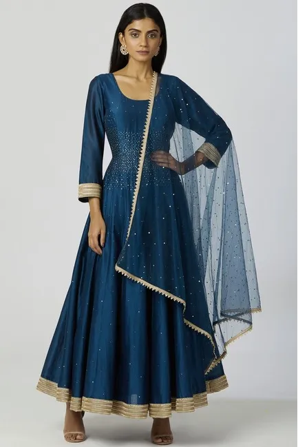 Chanderi Silk Anarkali Set in Turquoise Blue