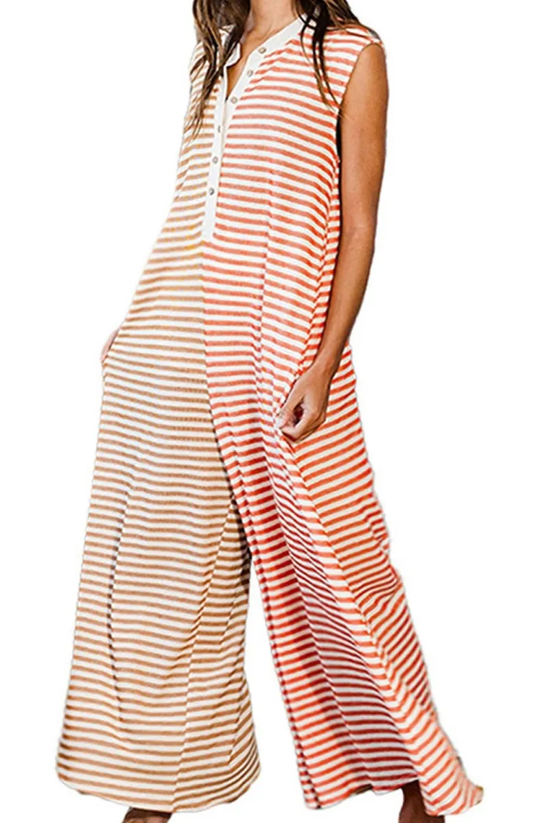 Chouyatou Loose Striped Wide Leg Jumpsuit for Women Summer Romper Flowy Pants Comfy Sleeveless Button Baggy Overalls