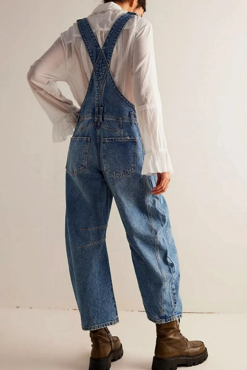 Chouyatou Women Y2k Baggy Barrel Jeans Overalls Wide Leg Denim Pants Bib Overalls Jumpsuit Boyfriend Patchwork Jeans