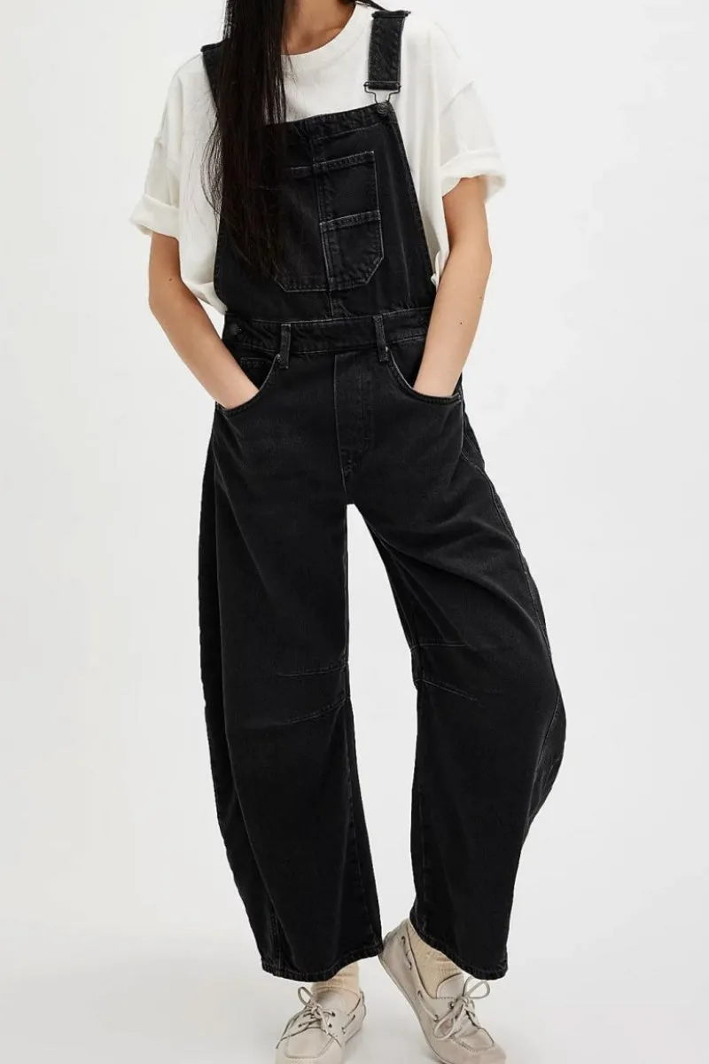 Chouyatou Women Y2k Baggy Barrel Jeans Overalls Wide Leg Denim Pants Bib Overalls Jumpsuit Boyfriend Patchwork Jeans