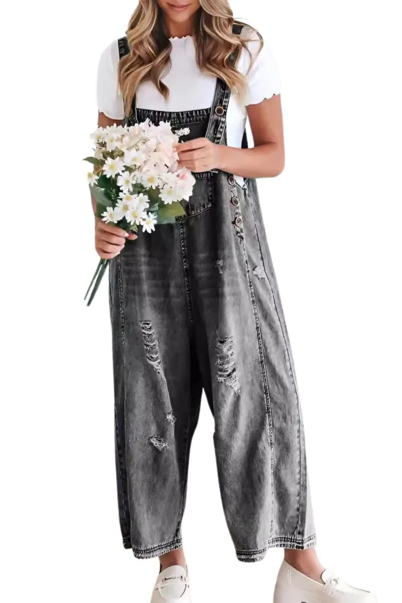 Chouyatou Women's Casual Adjustable Straps Denim Bib Overalls Distressed Ripped Wide Leg Jeans Long Pants Jumpsuits